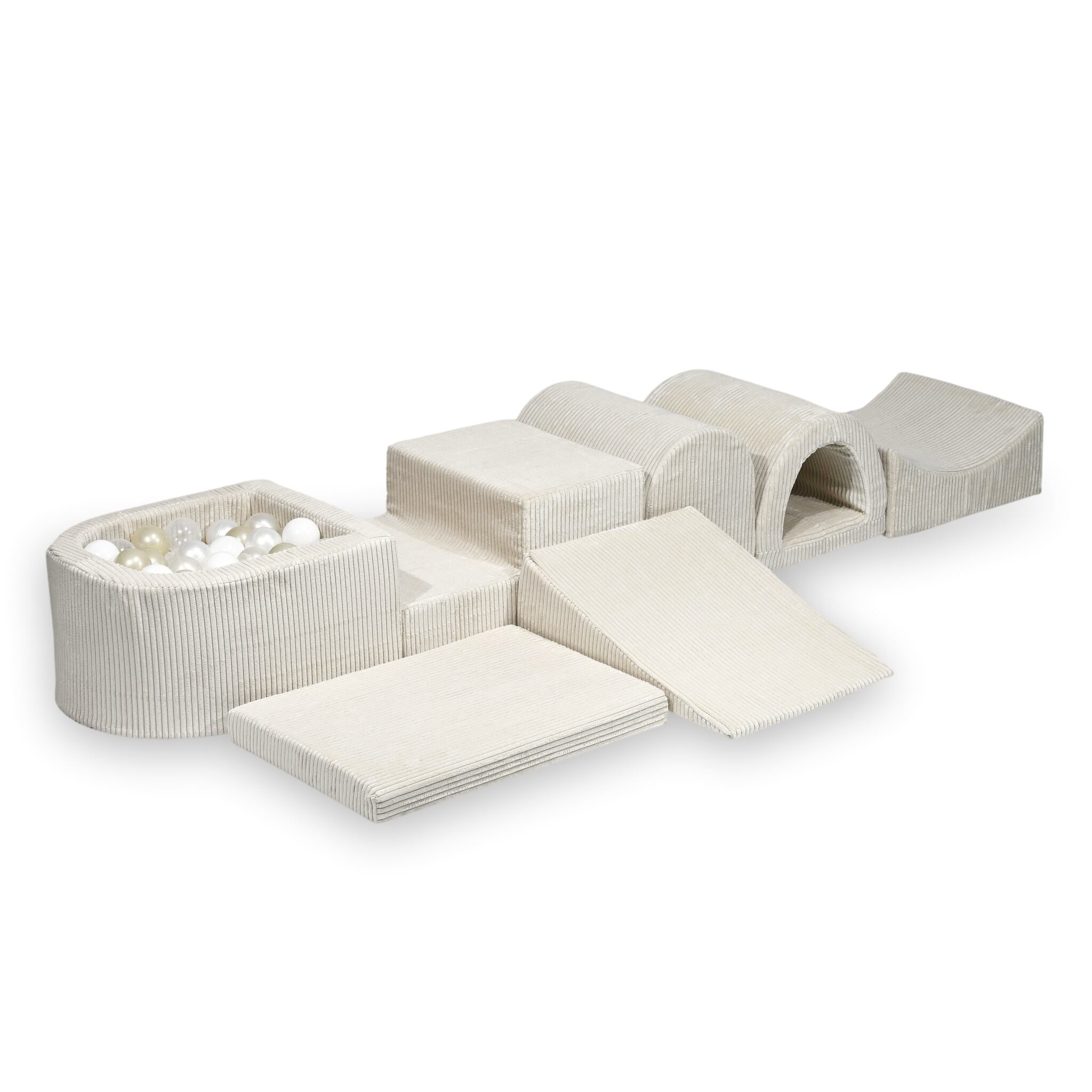 Plus grande aire de jeux en mousse avec piscine micro côtelé beige + 100 balles