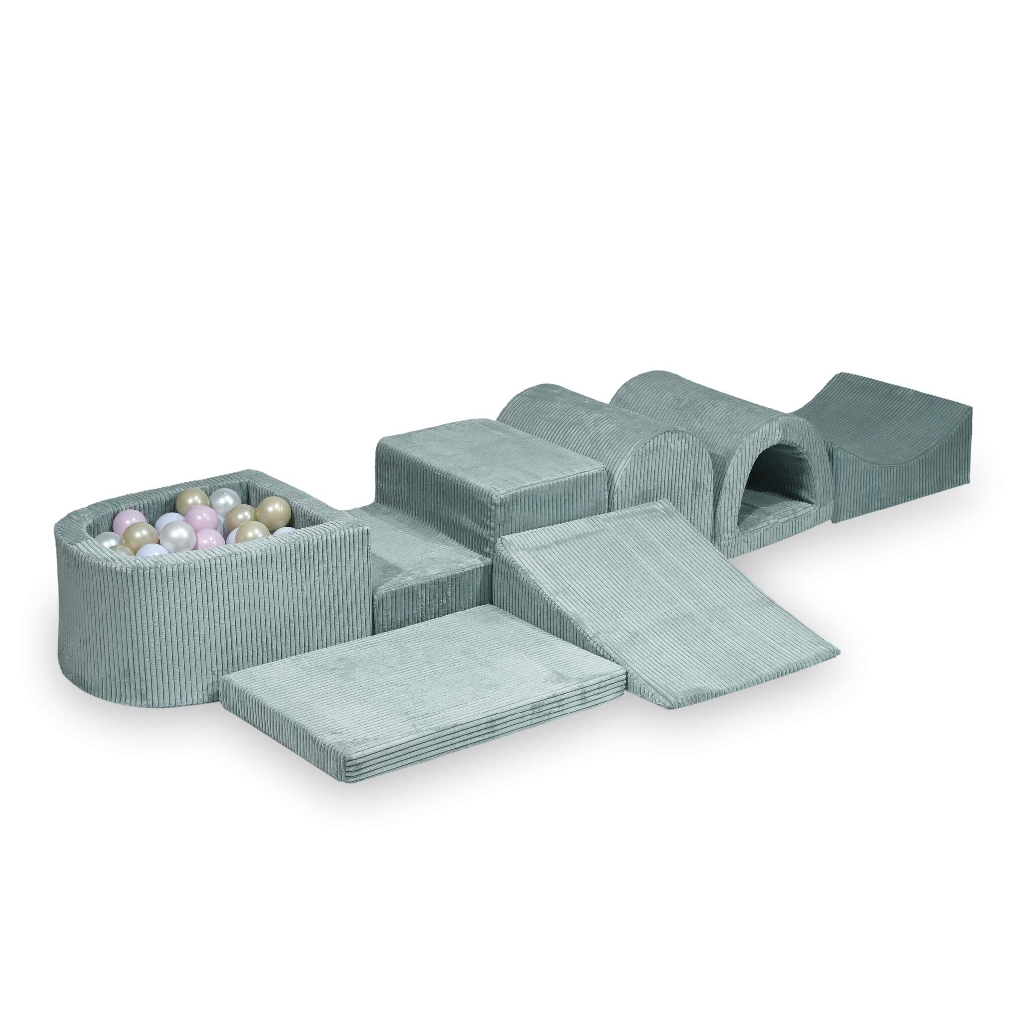 Plus grande aire de jeux en mousse avec piscine micro côtelé menthe claire+ 100 balles