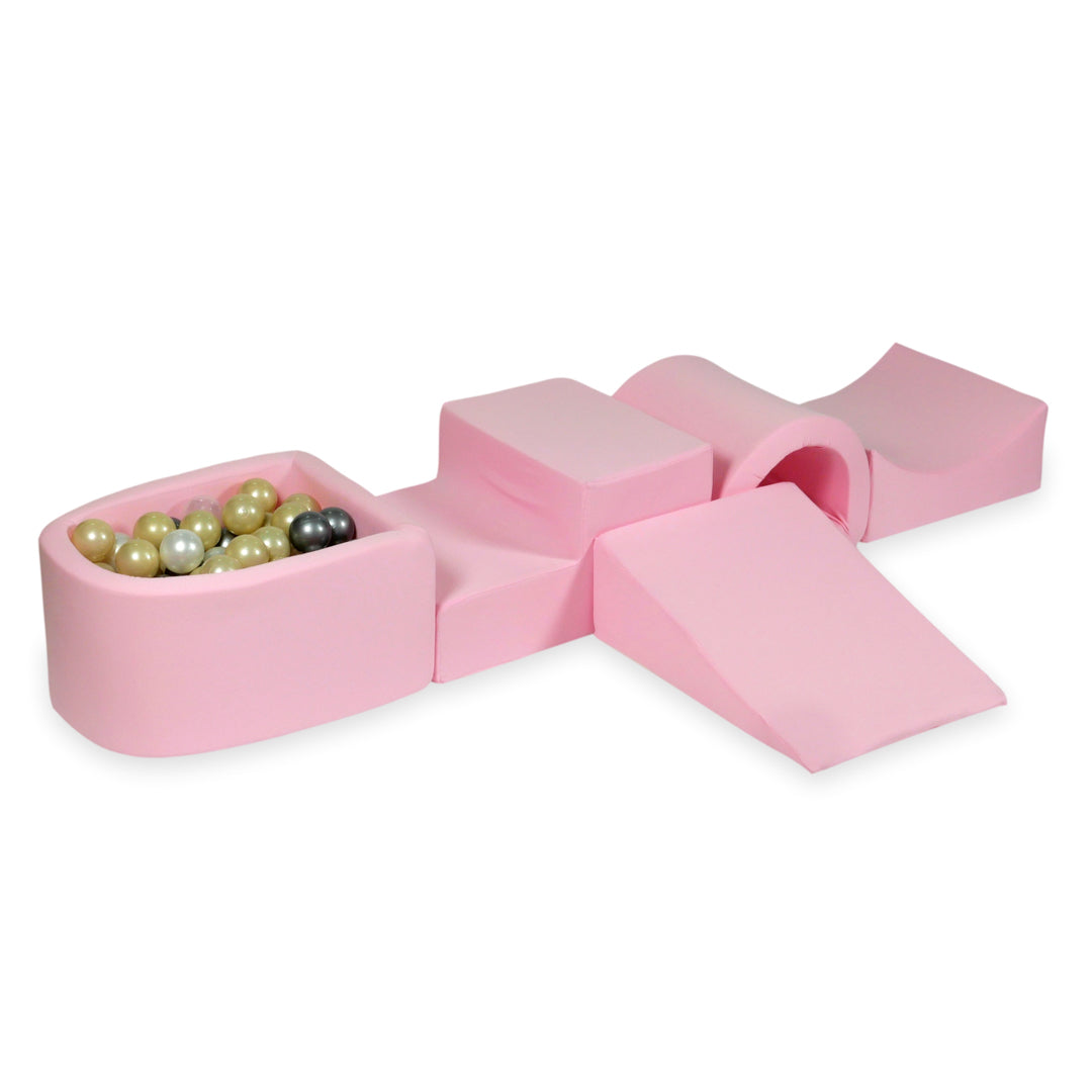 Aire de jeux en mousse avec pont et piscine micro rose poudré + 100 balles