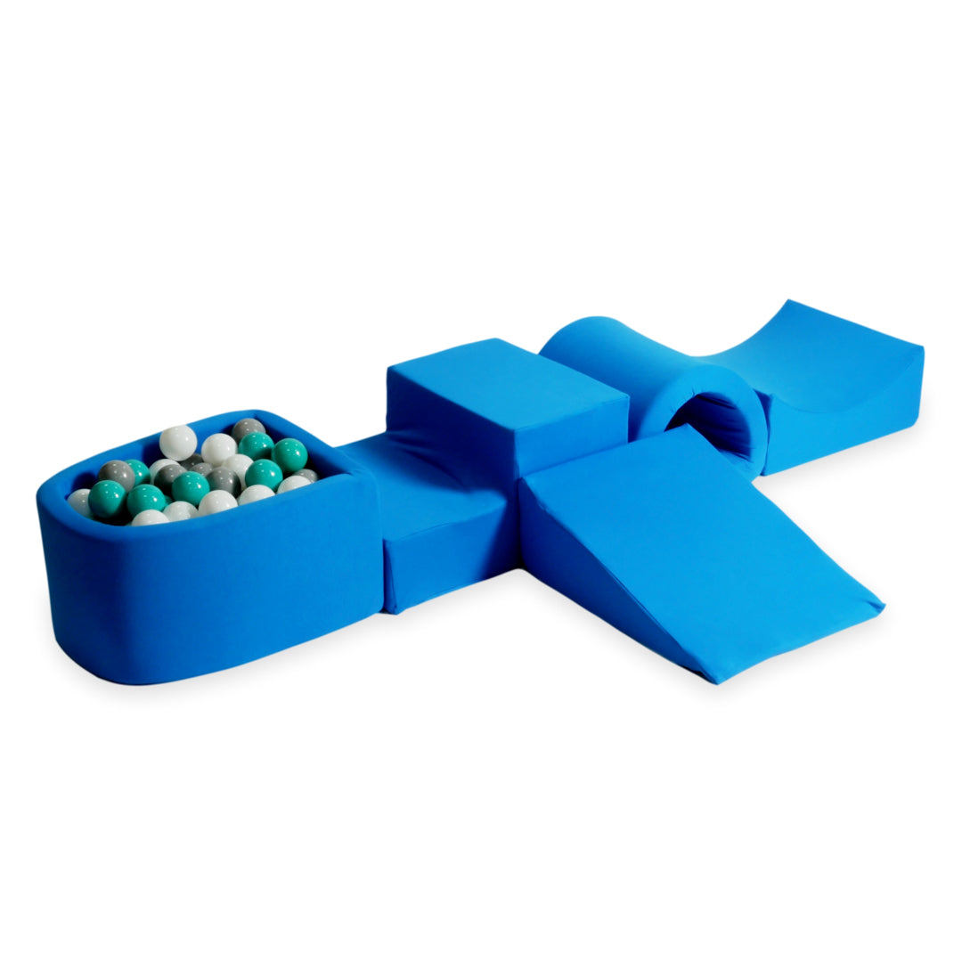 Aire de jeux en mousse avec pont et piscine micro bleu + 100 balles