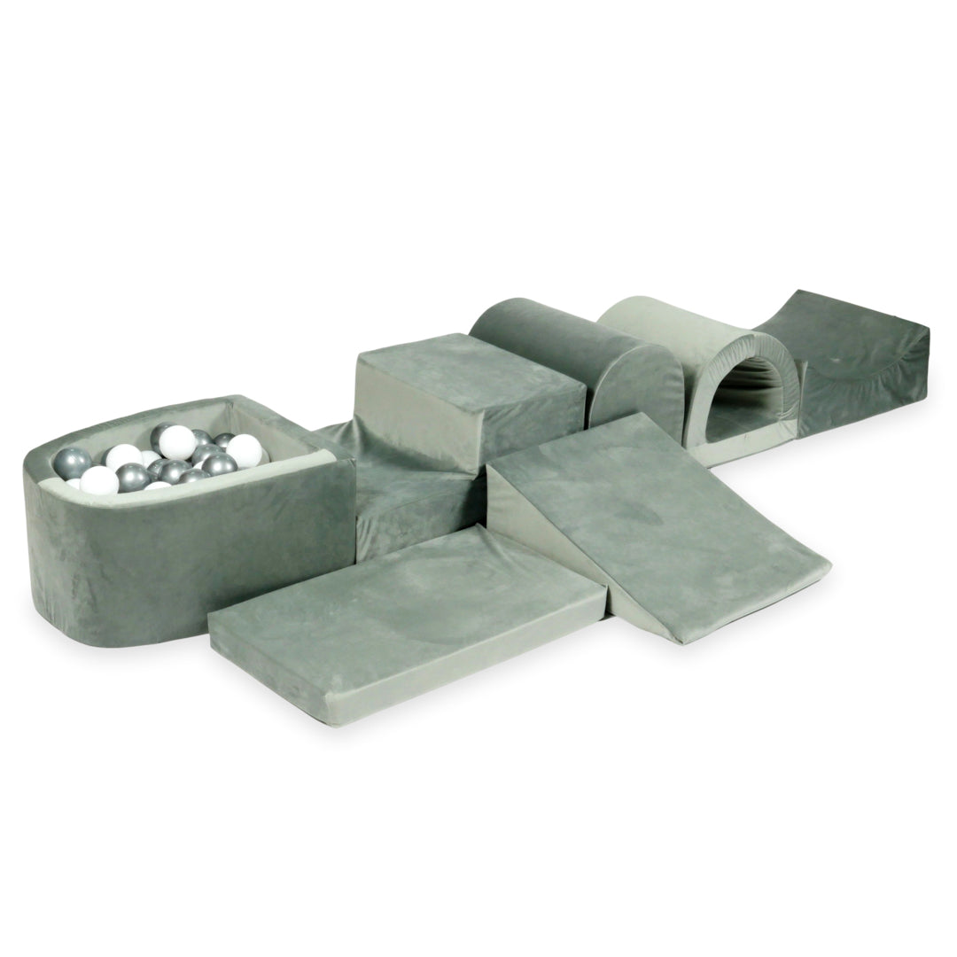 Plus grande aire de jeux en mousse avec piscine micro velvet gris + 100 balles