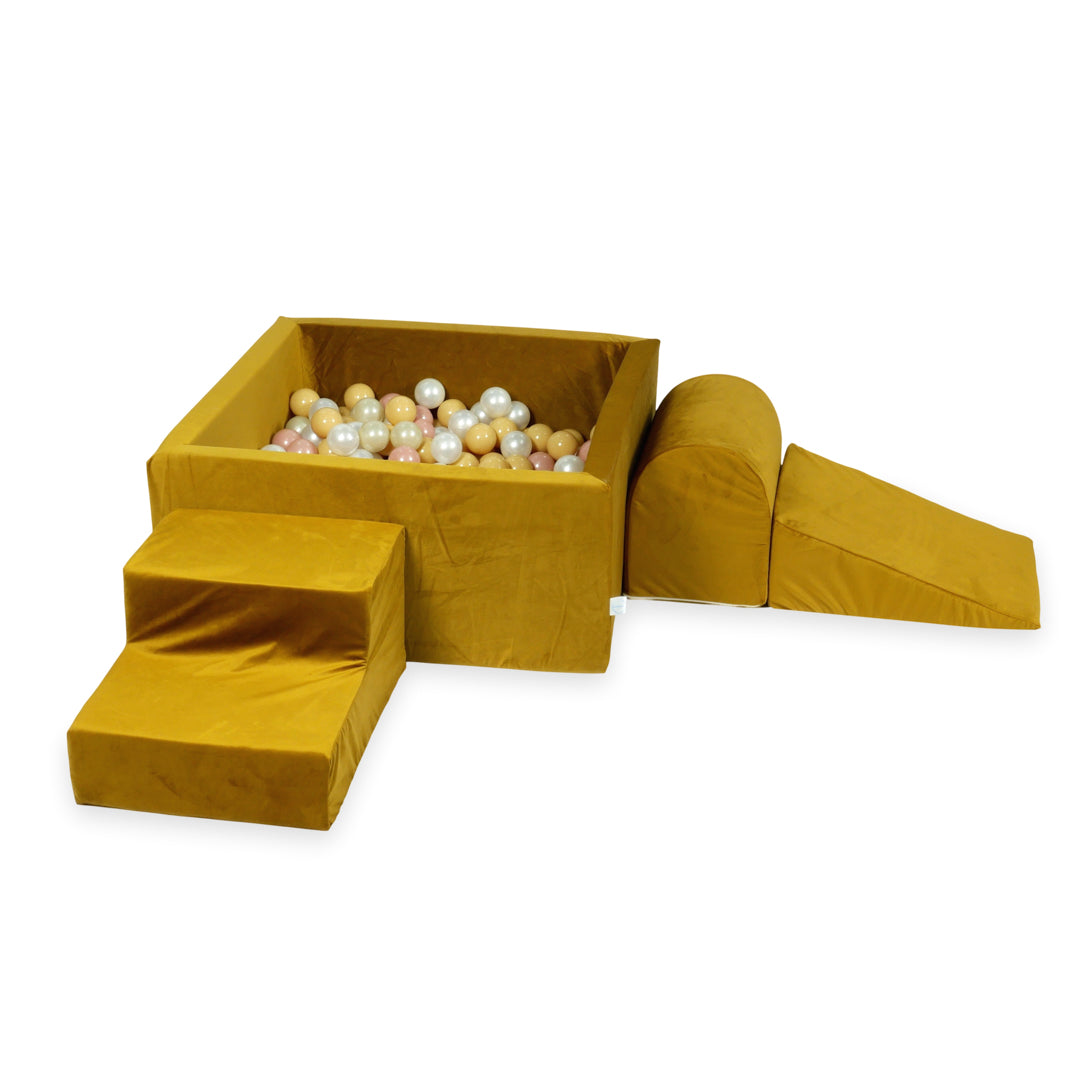 Aire de jeux en mousse avec piscine à balles carrée set de jeu enfant 90x90x40 velvet or + 400 balles