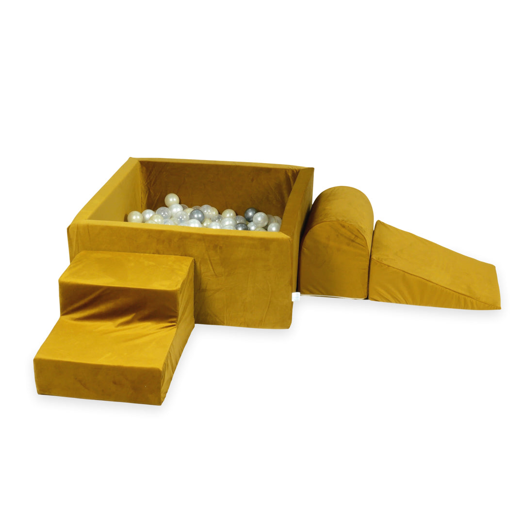 Aire de jeux en mousse avec piscine à balles carrée set de jeu enfant 90x90x40 velvet or + 400 balles