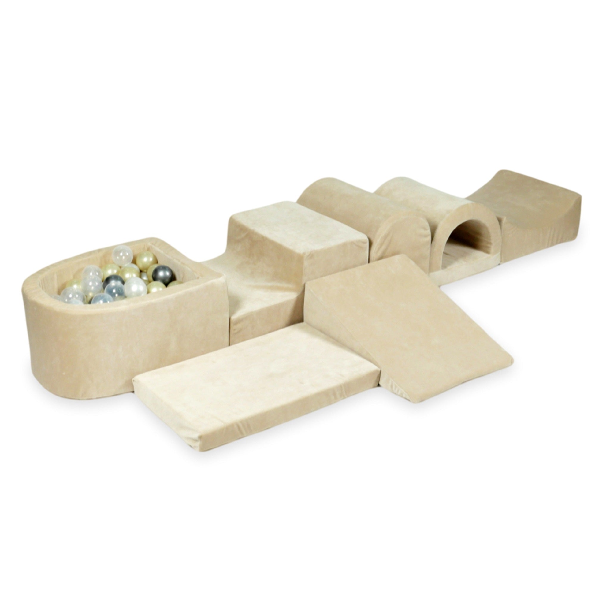 Plus grande aire de jeux en mousse avec piscine micro velvet soft beige + 100 balles
