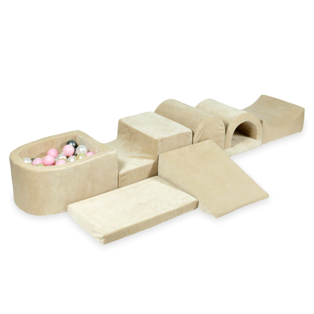Plus grande aire de jeux en mousse avec piscine micro velvet soft beige + 100 balles