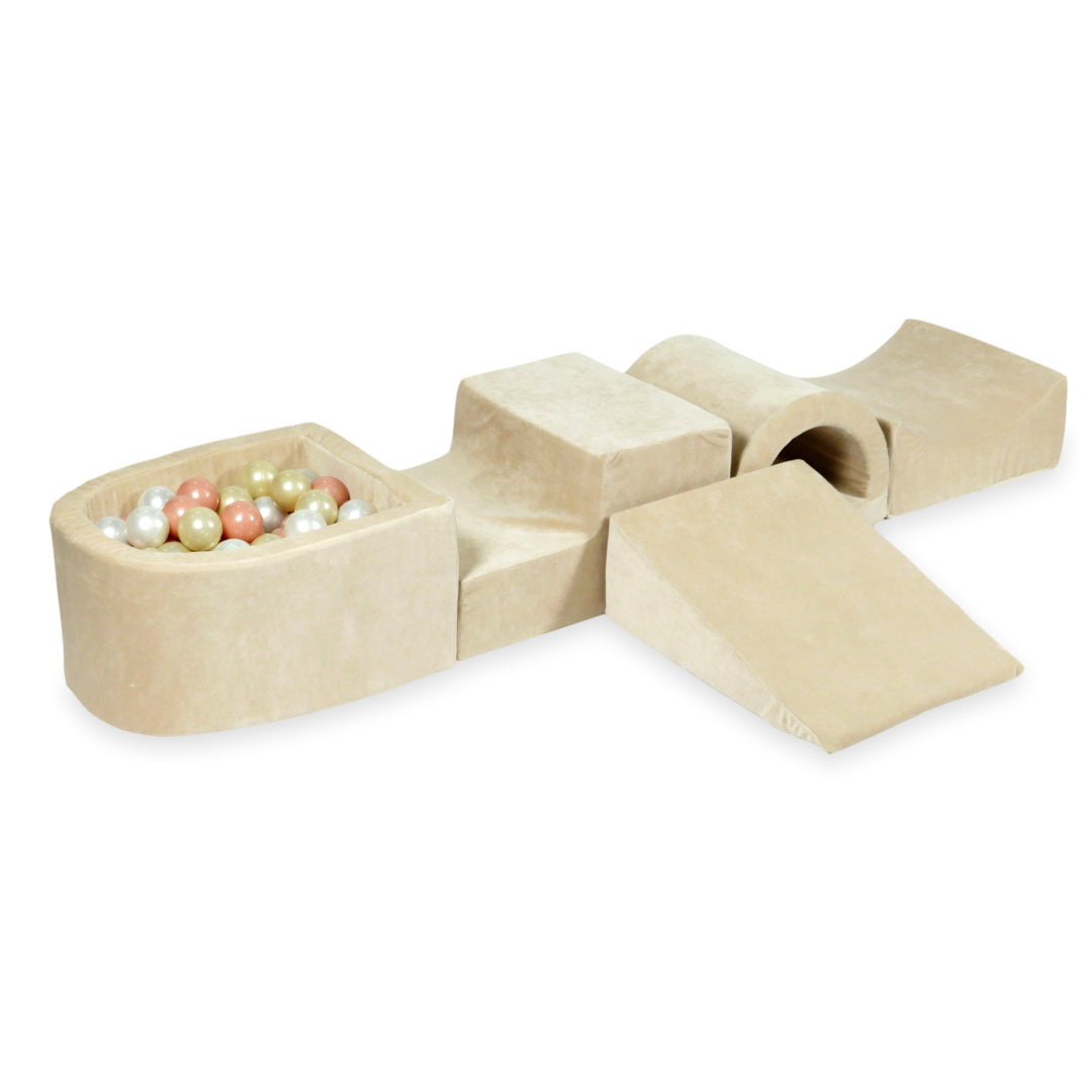 Aire de jeux en mousse avec pont et piscine micro velvet soft beige + 100 balles