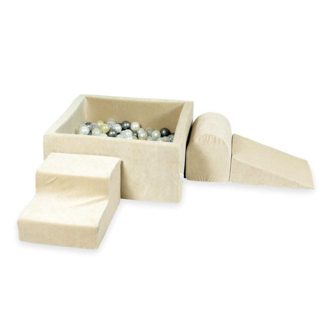 Aire de jeux en mousse avec piscine à balles carrée set de jeu enfant 90x90x40 velvet soft beige + 400 balles