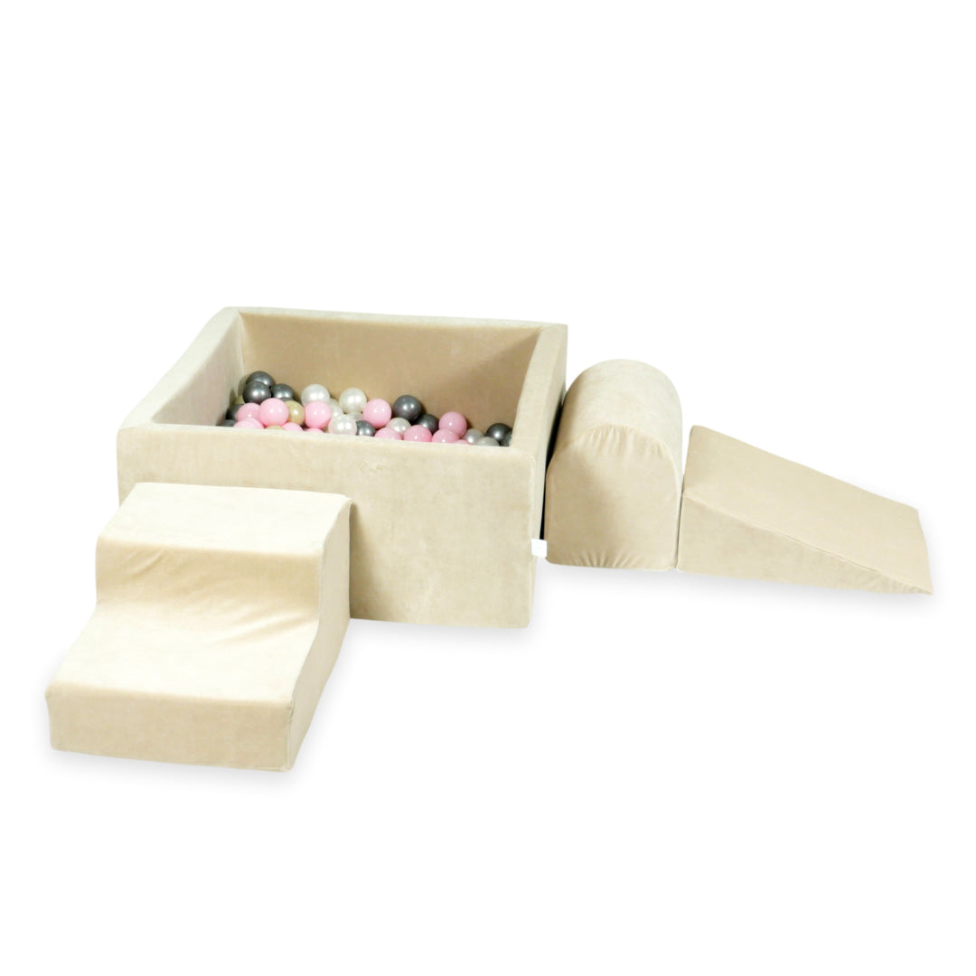 Aire de jeux en mousse avec piscine à balles carrée set de jeu enfant 90x90x40 velvet soft beige + 400 balles