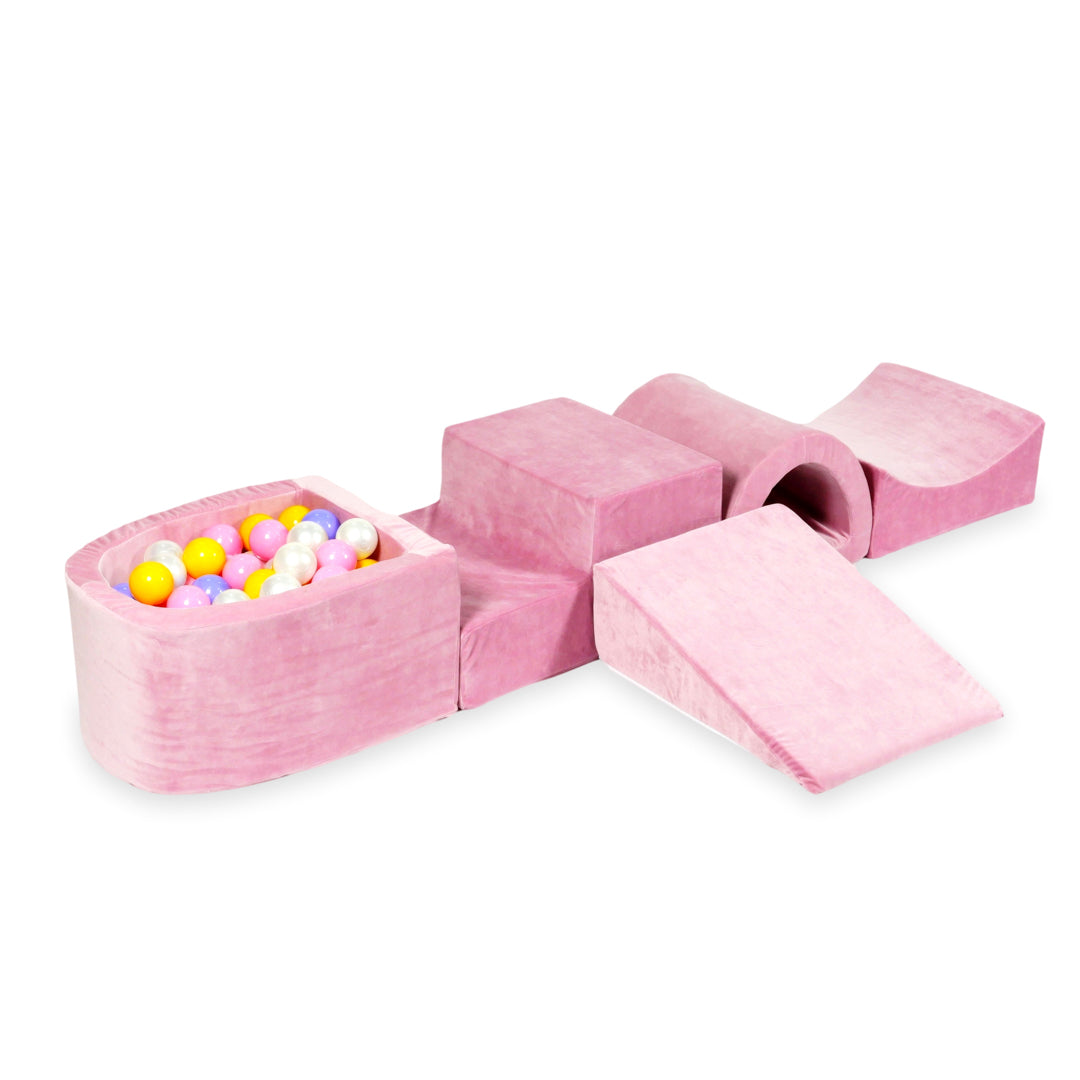 Aire de jeux en mousse avec pont et piscine micro velvet soft rose + 100 balles