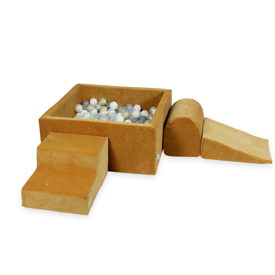 Aire de jeux en mousse avec piscine à balles carrée set de jeu enfant 90x90x40 velvet soft carmel + 400 balles