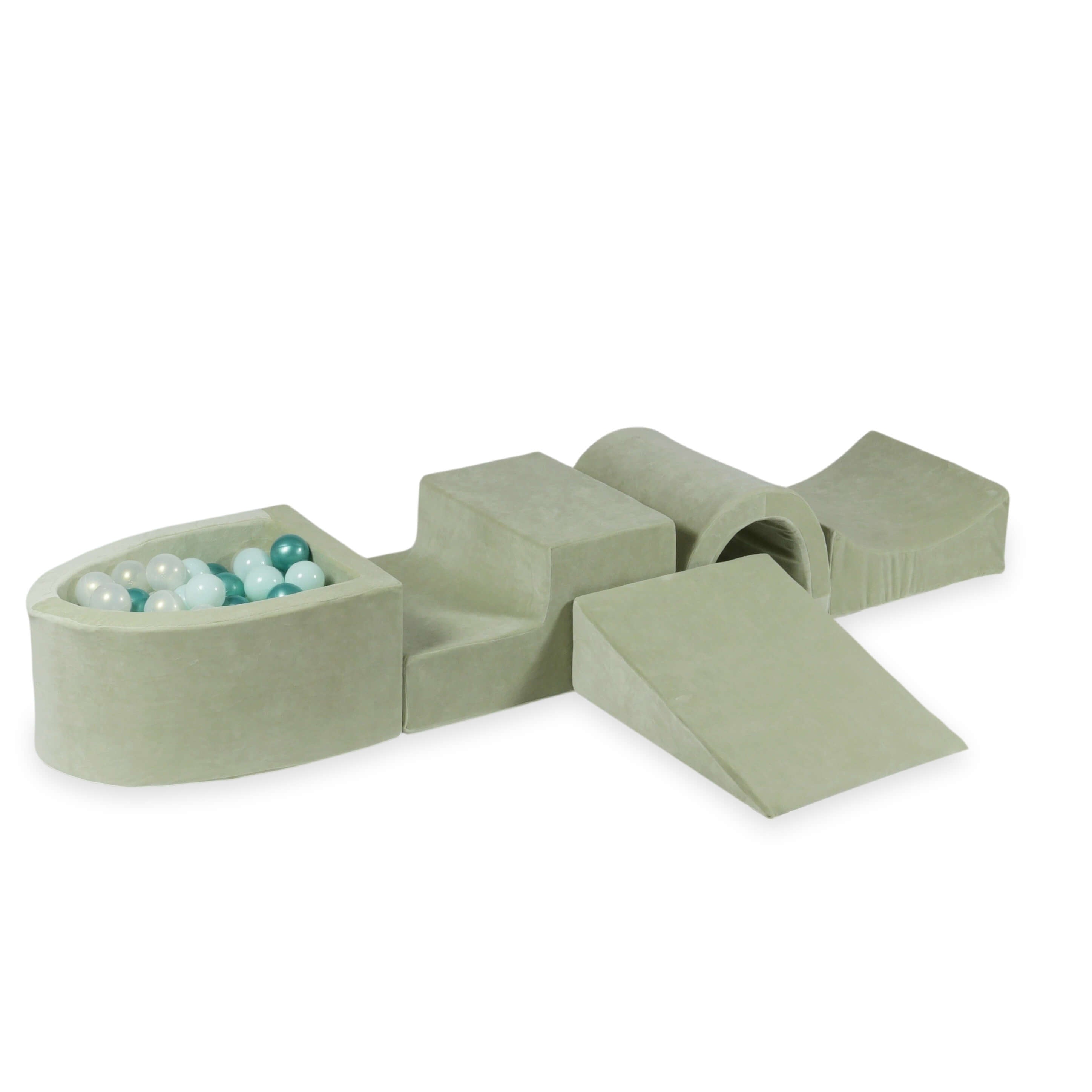 Aire de jeux en mousse avec pont et piscine micro velvet soft pistachio + 100 balles