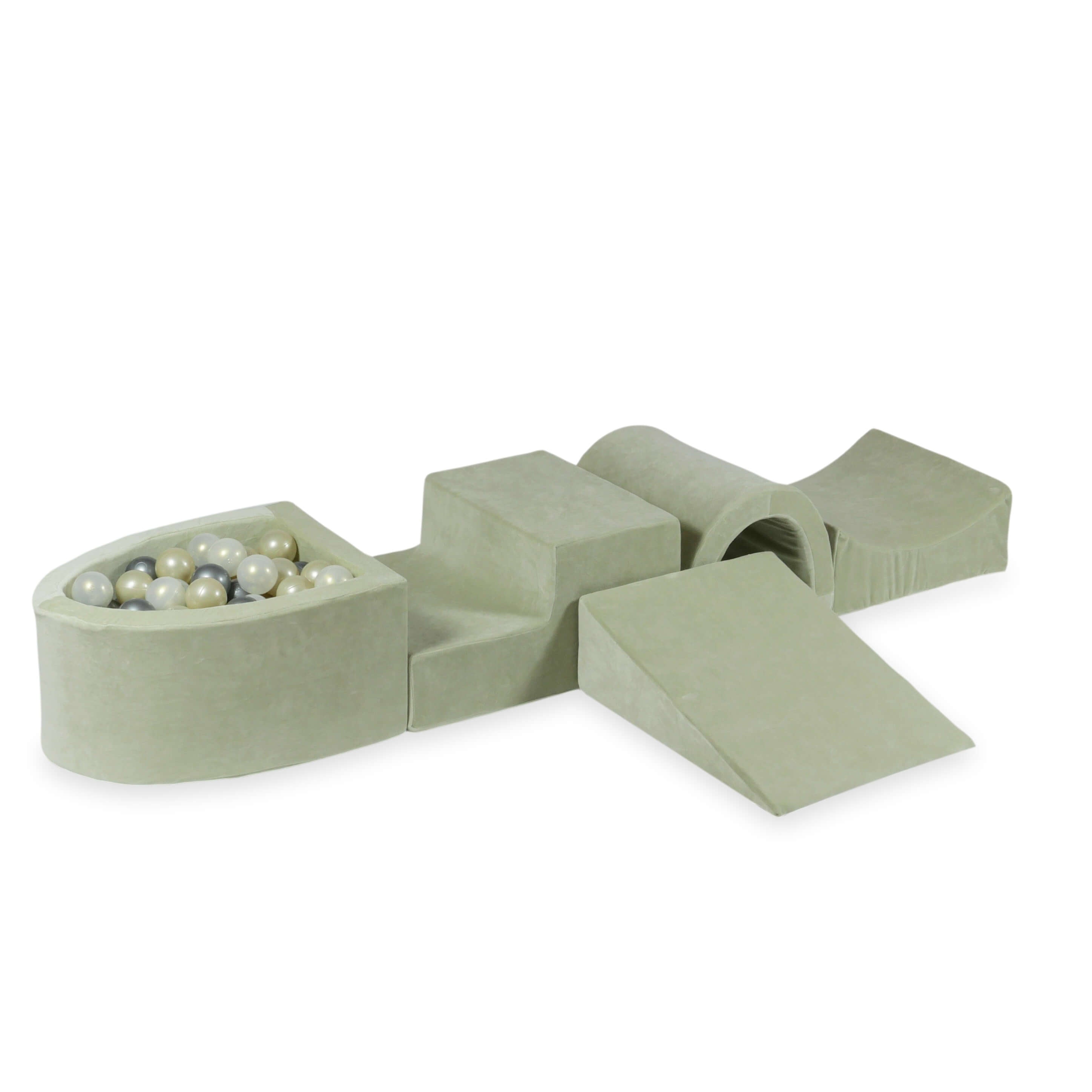 Aire de jeux en mousse avec pont et piscine micro velvet soft pistachio + 100 balles