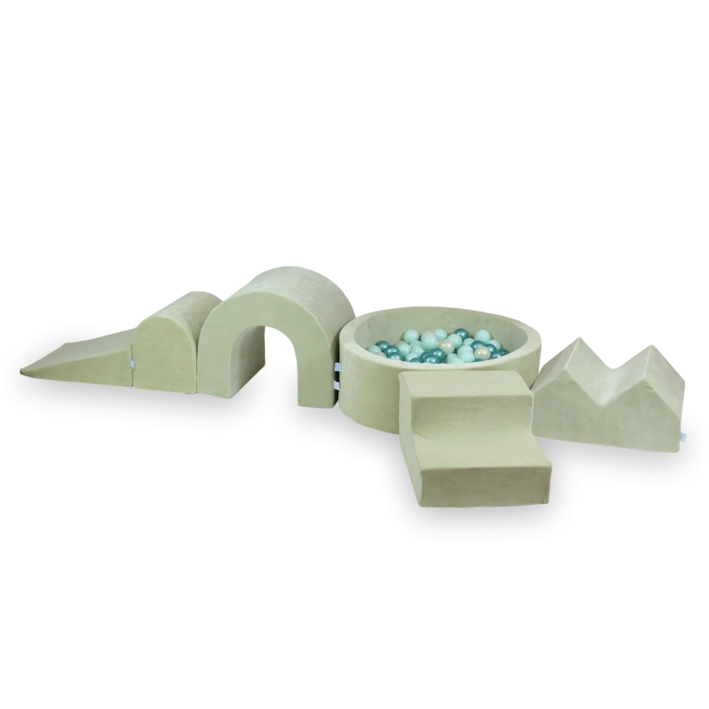 Aire de jeux en mousse avec piscine ronde 90x30 velvet soft pistachio + 5 éléments + 200 balles