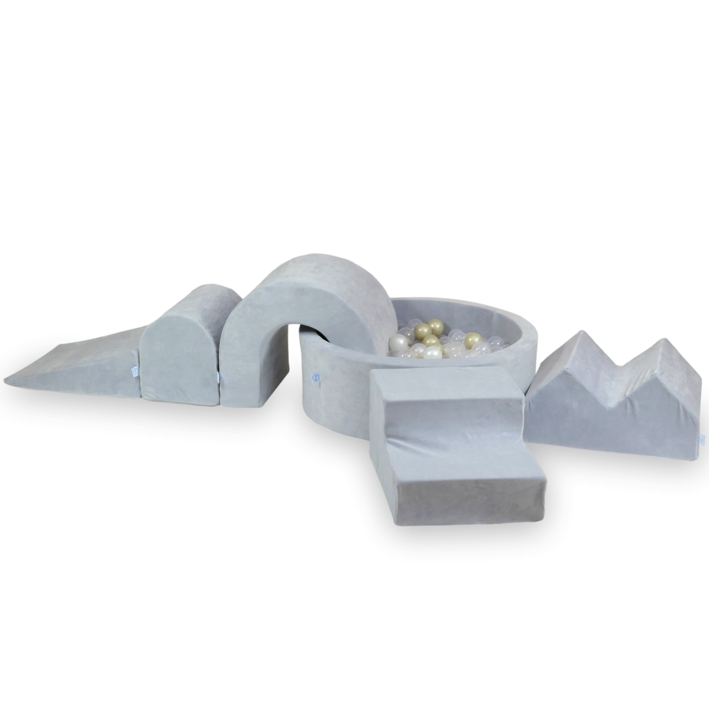 Aire de jeux en mousse avec piscine ronde 90x30 velvet soft gris clair + 5 éléments + 200 balles