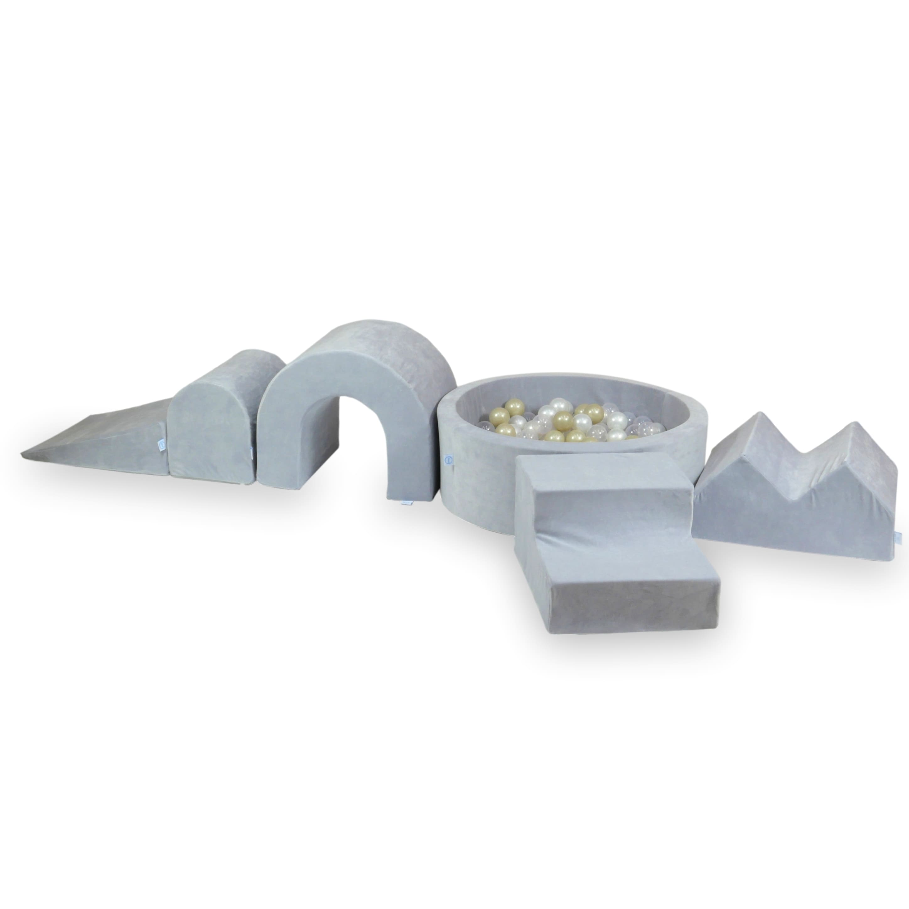 Aire de jeux en mousse avec piscine ronde 90x30 velvet soft gris clair + 5 éléments + 200 balles