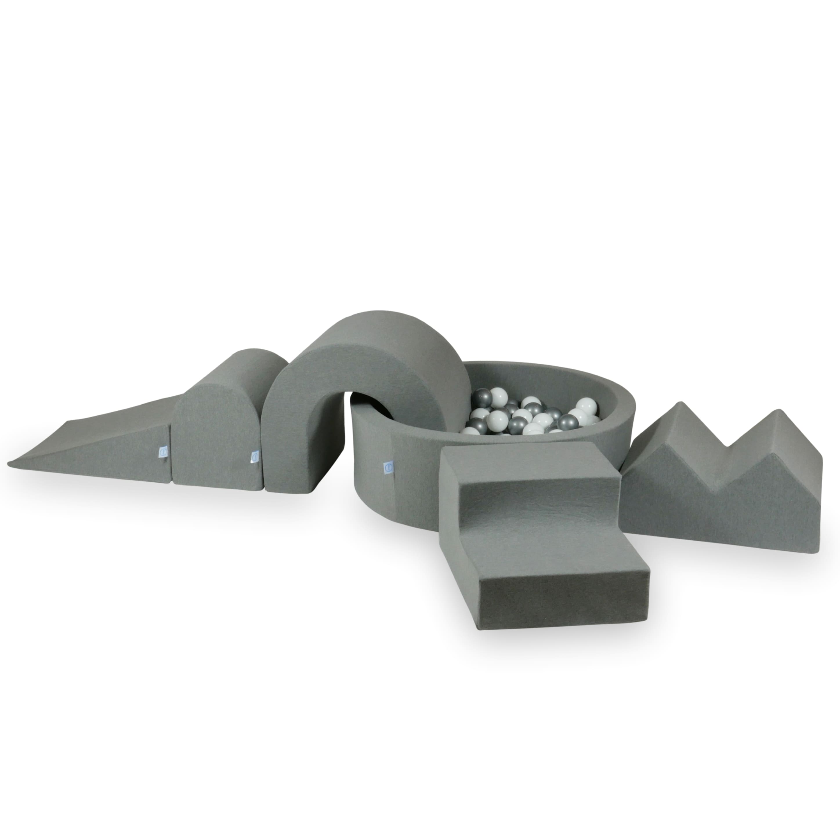 Aire de jeux en mousse avec piscine ronde 90x30 gris + 5 éléments + 200 balles
