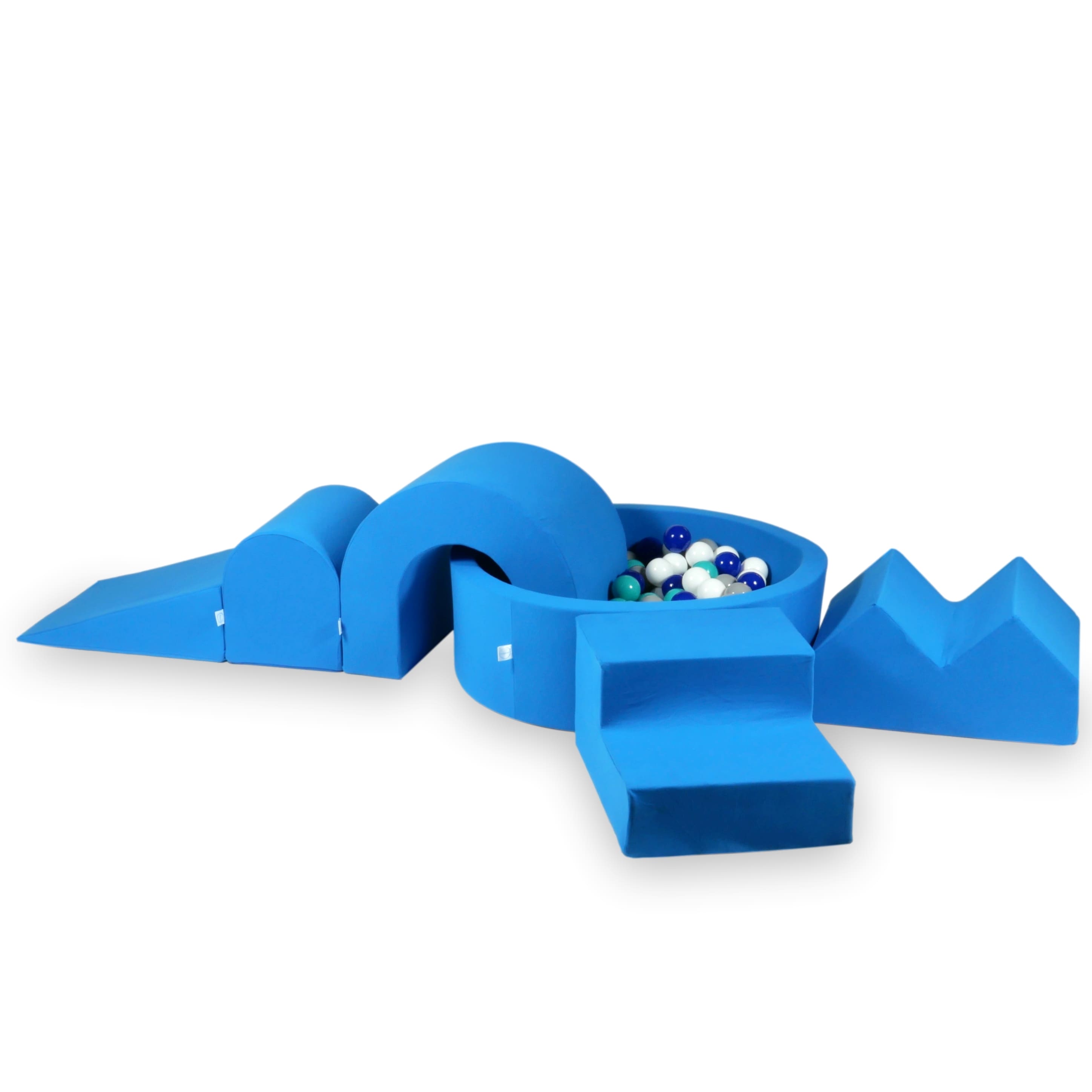 Aire de jeux en mousse avec piscine ronde 90x30 bleu + 5 éléments + 200 balles