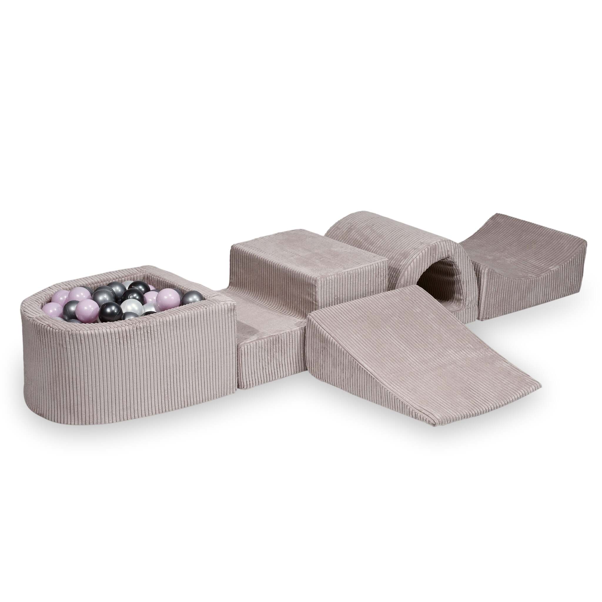 Aire de jeux en mousse avec pont et piscine micro côtelé rose clair + 100 balles