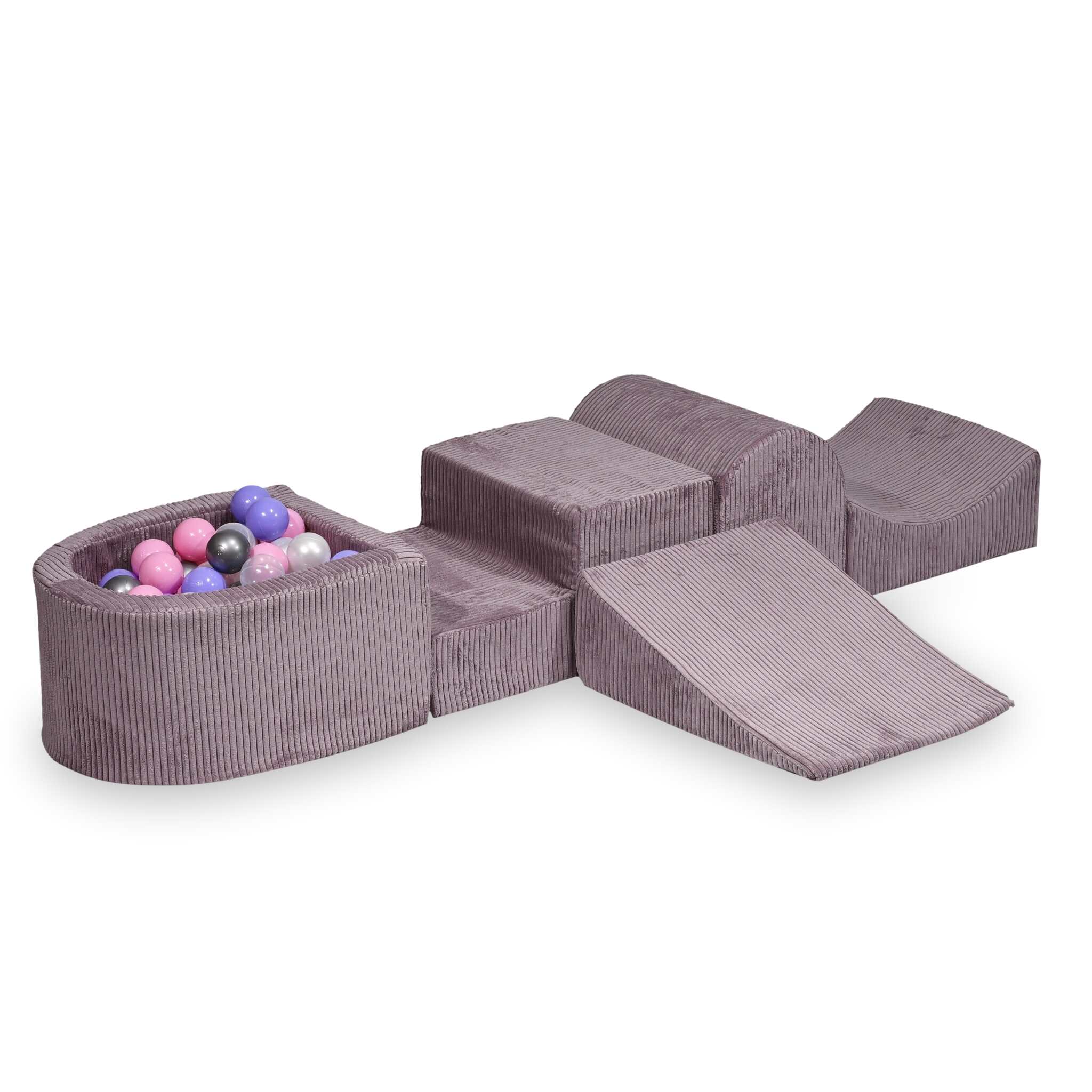 Aire de jeux en mousse avec colline et piscine micro côtelé lavende + 100 balles