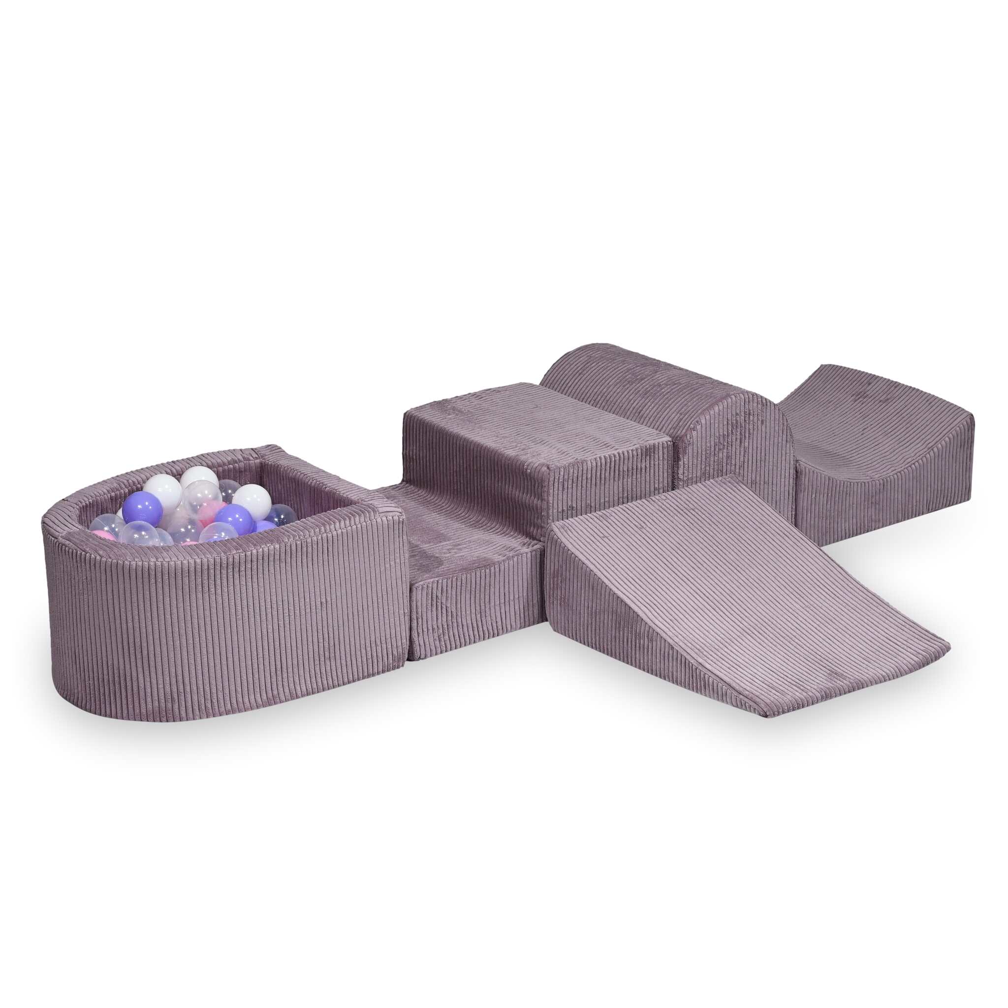 Aire de jeux en mousse avec colline et piscine micro côtelé lavende + 100 balles
