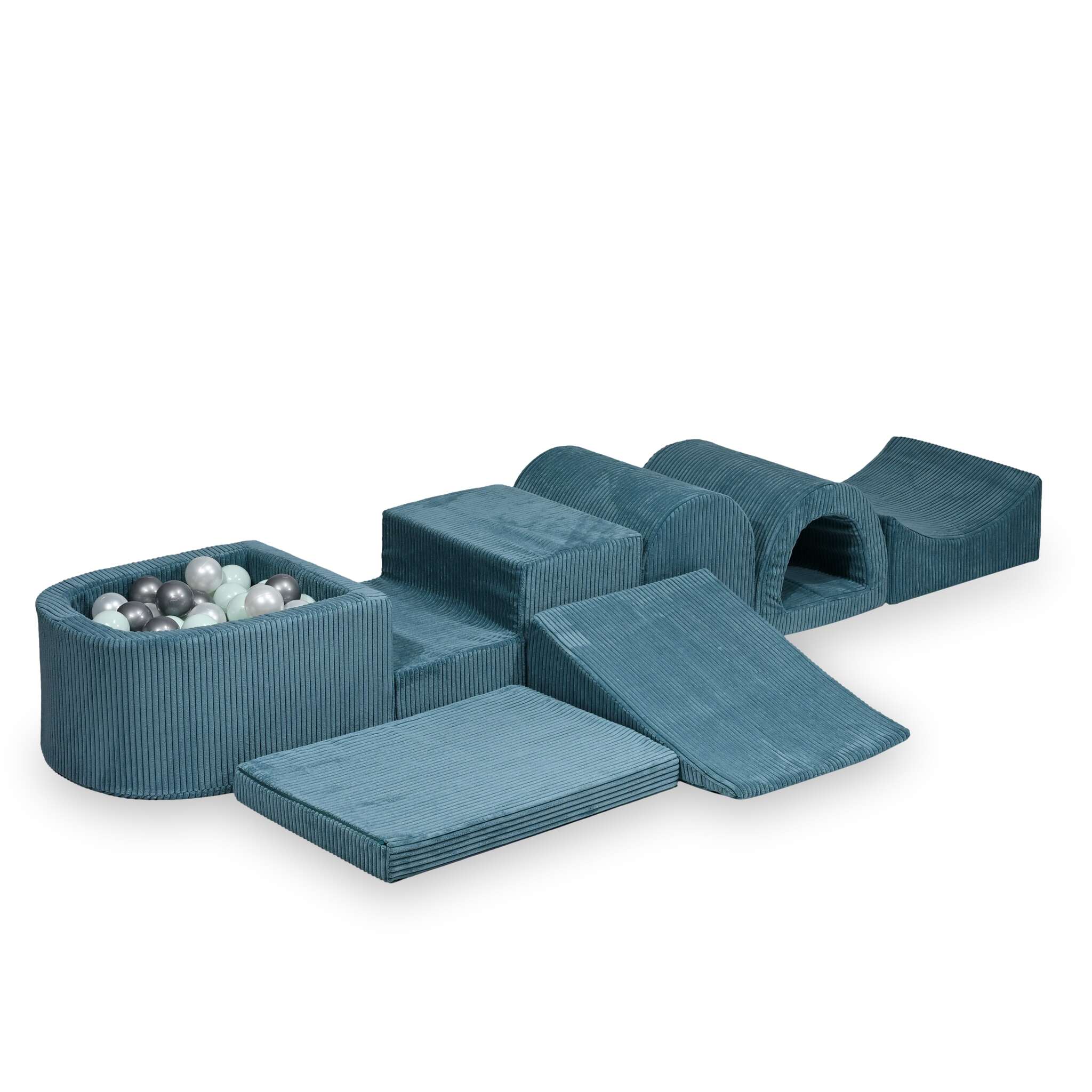 Plus grande aire de jeux en mousse avec piscine micro côtelé bleu + 100 balles
