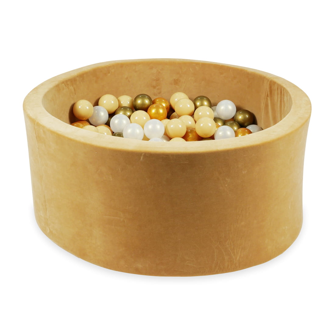 Mimii-Piscine-à Balles-90x40-Velvet-Soft-Carmel-avec-boules-300-pcs-beige-vieil-or-or-iridescent