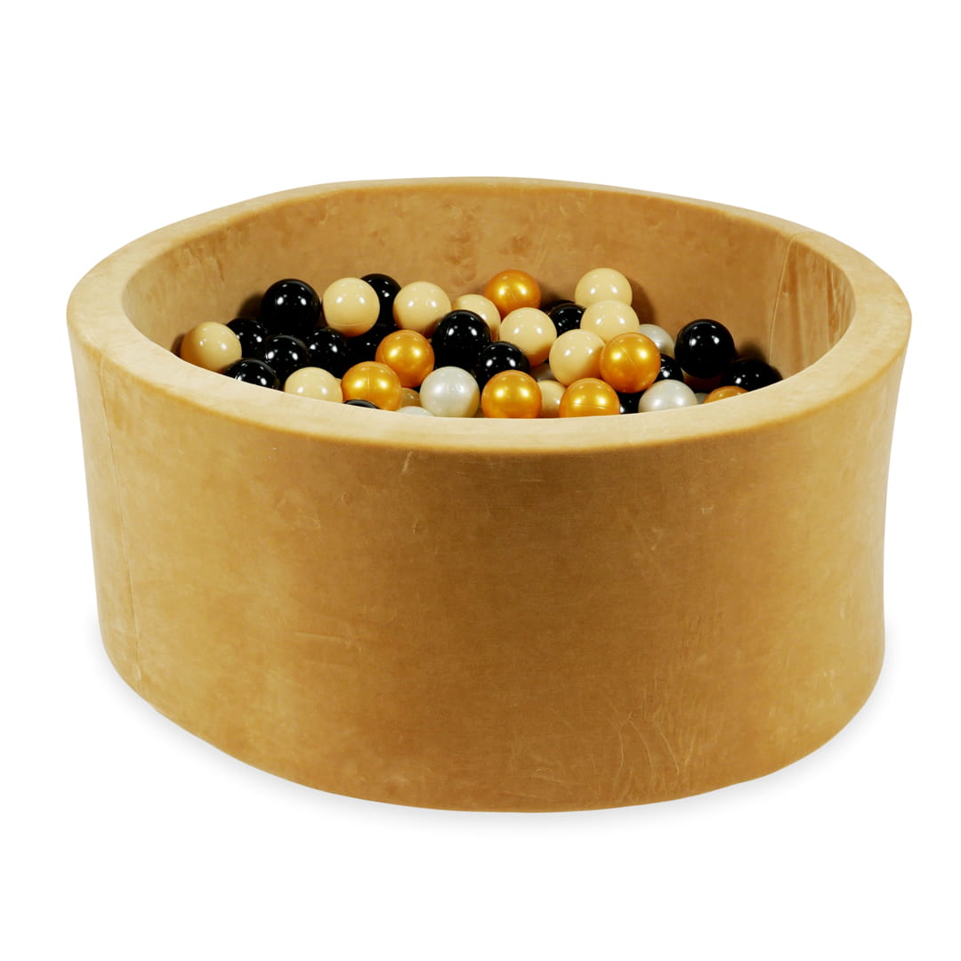 Mimii-Piscine-à Balles-90x40-Velvet-Soft-Carmel-avec-boules-300-pcs-beige-or-clair-or-noir