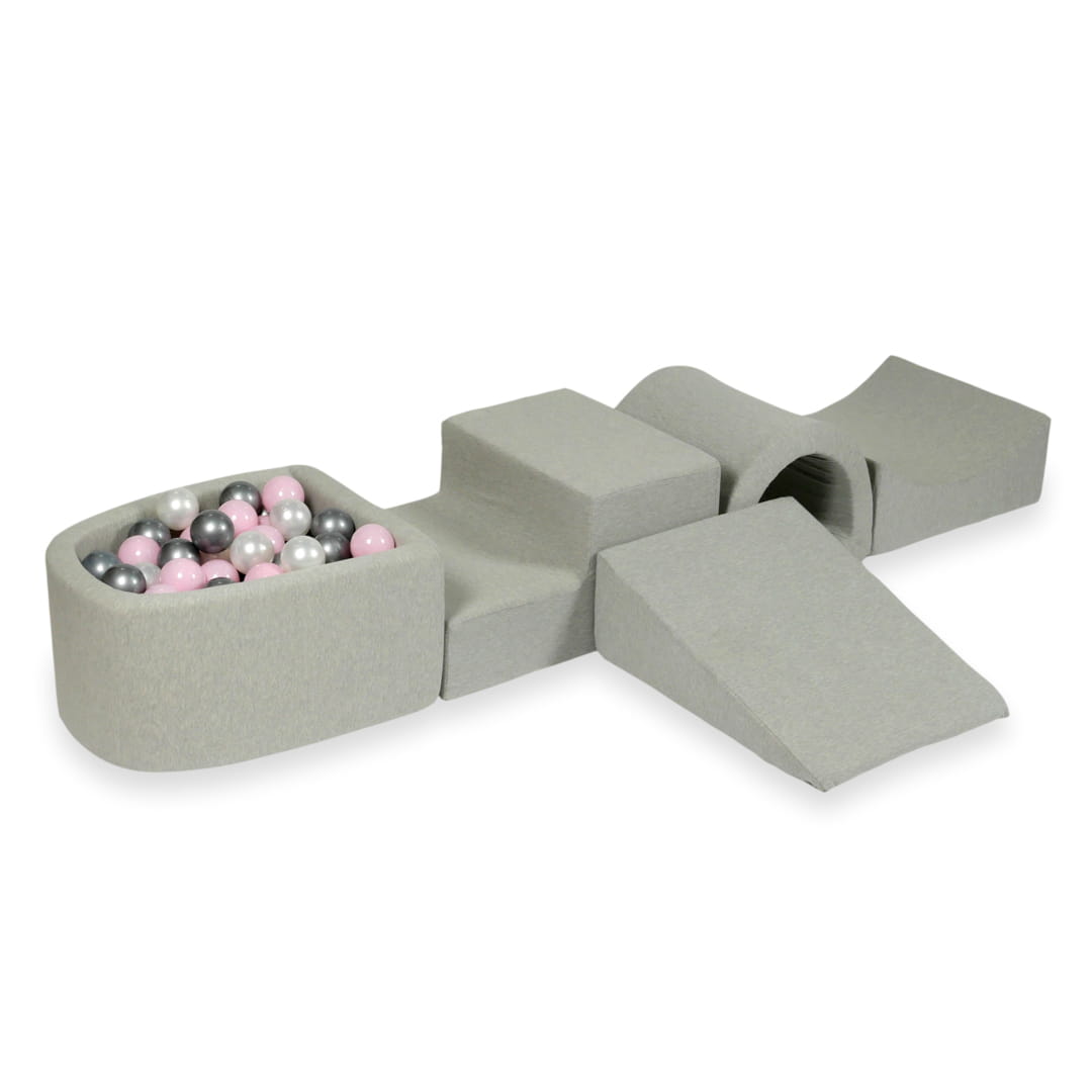 Aire de jeux en mousse avec pont et piscine micro gris clair + 100 balles