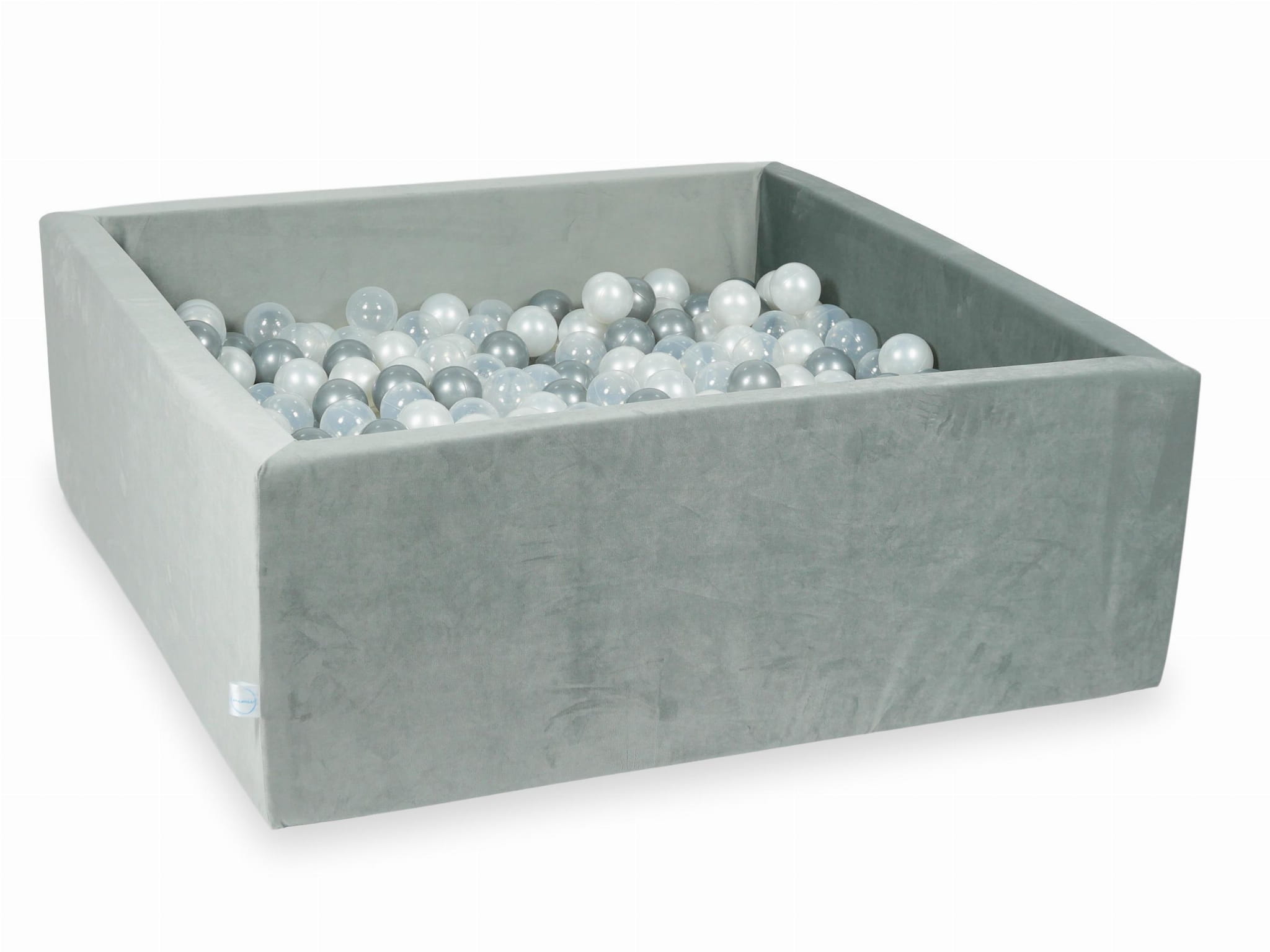 Piscine à Balles 110x110x40 Velvet gris avec balles 600 pcs (transparent, perlé, argenté)