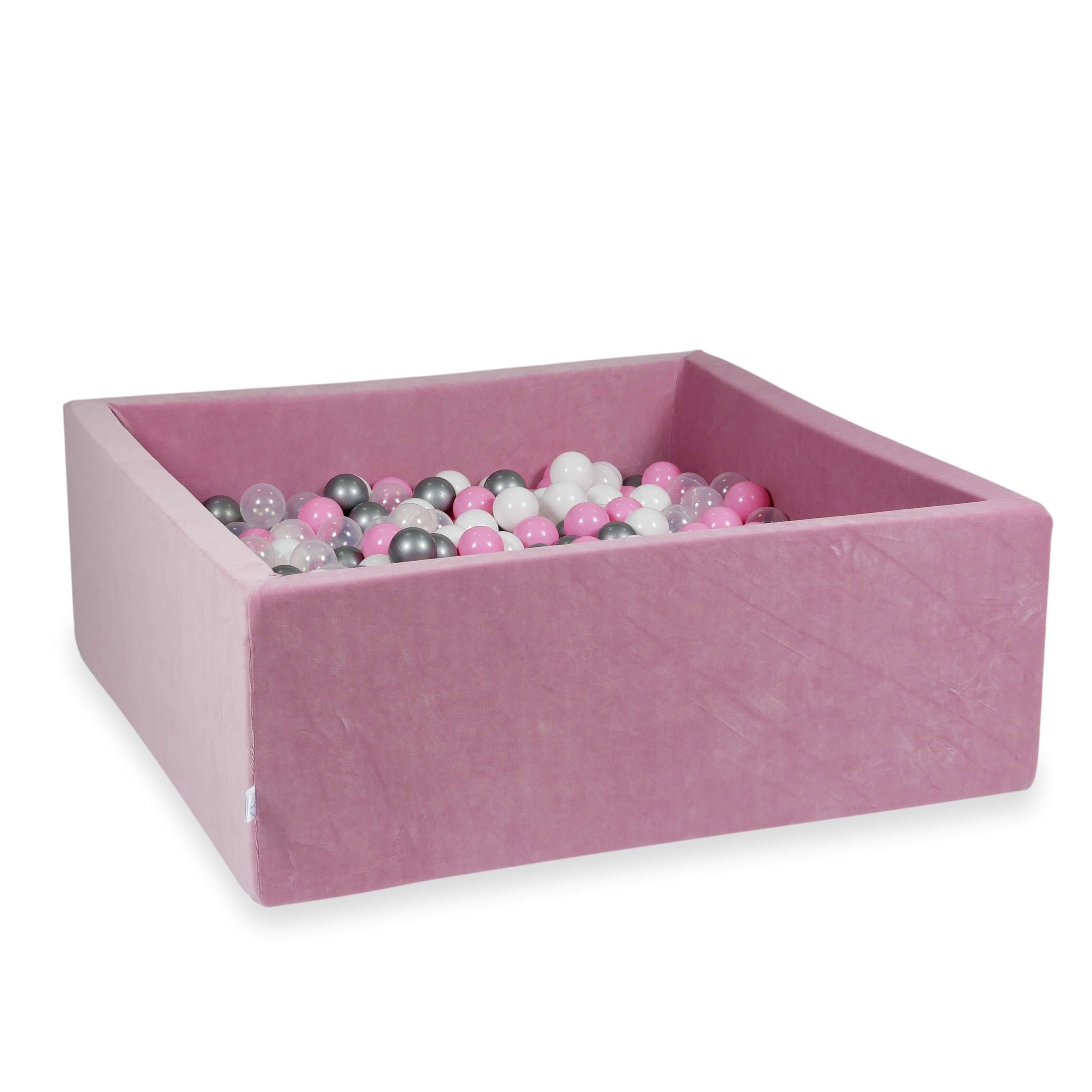 Piscine à Balles 110x110x40 Velvet Soft rose avec balles 600 pcs (rose poudré, argent, blanc, transparent)