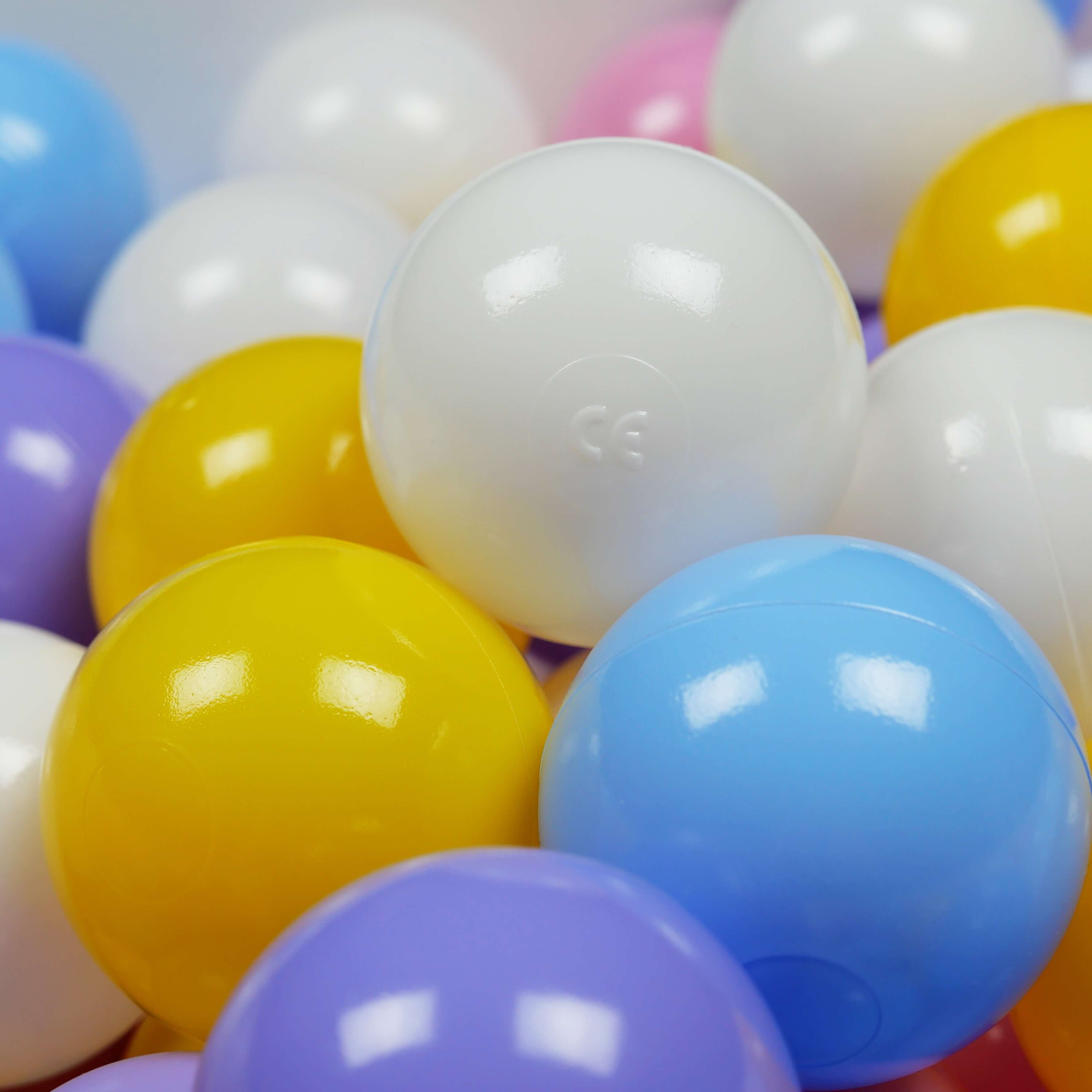Balles de jeu ø7cm 300 pièces blanc, bruyère, rose poudre, jaune, bleu clair
