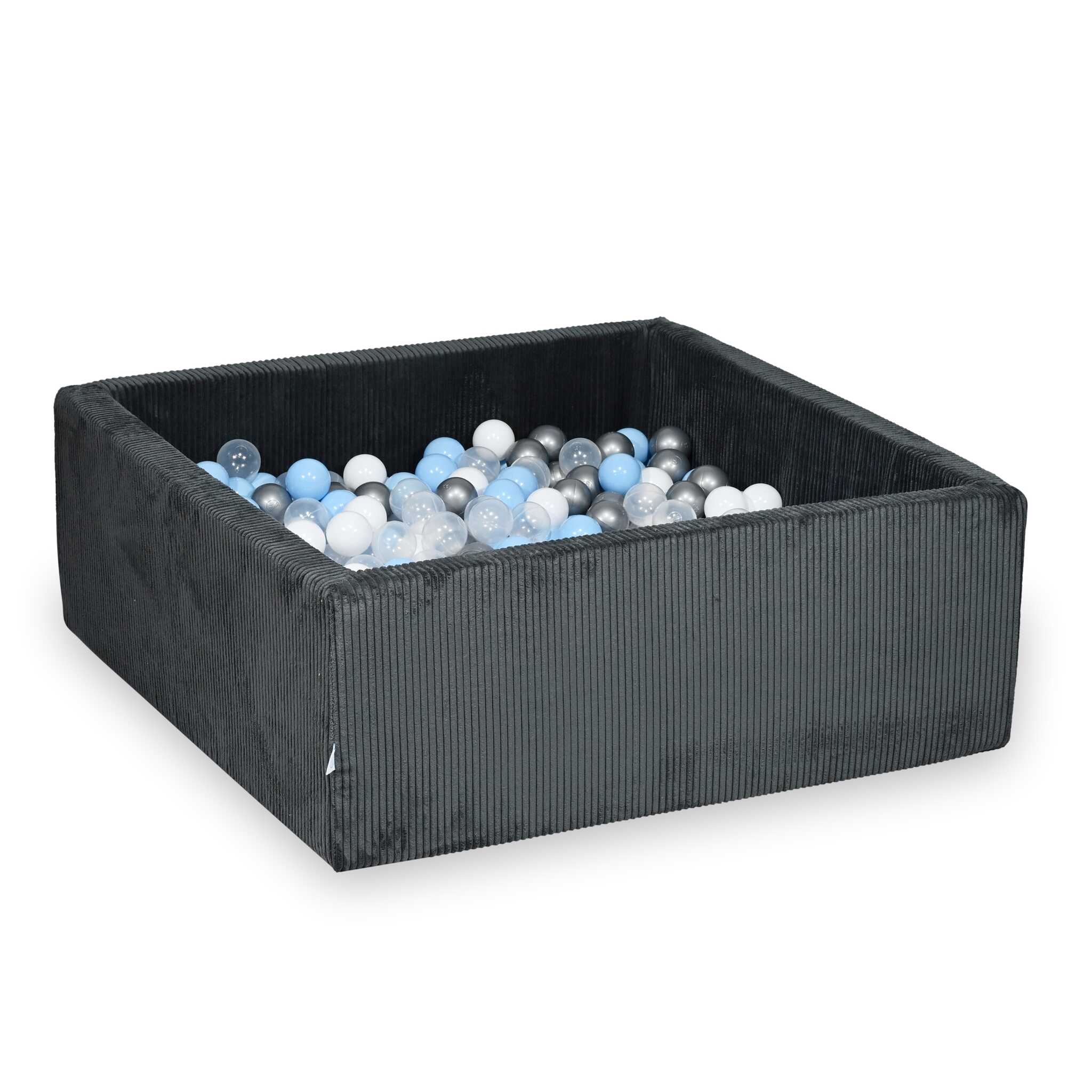 Piscine à balles square en velours côtelé graphite, 110x110x40cm – 600 balls (transparent, blanc,argenté, rose poudré)