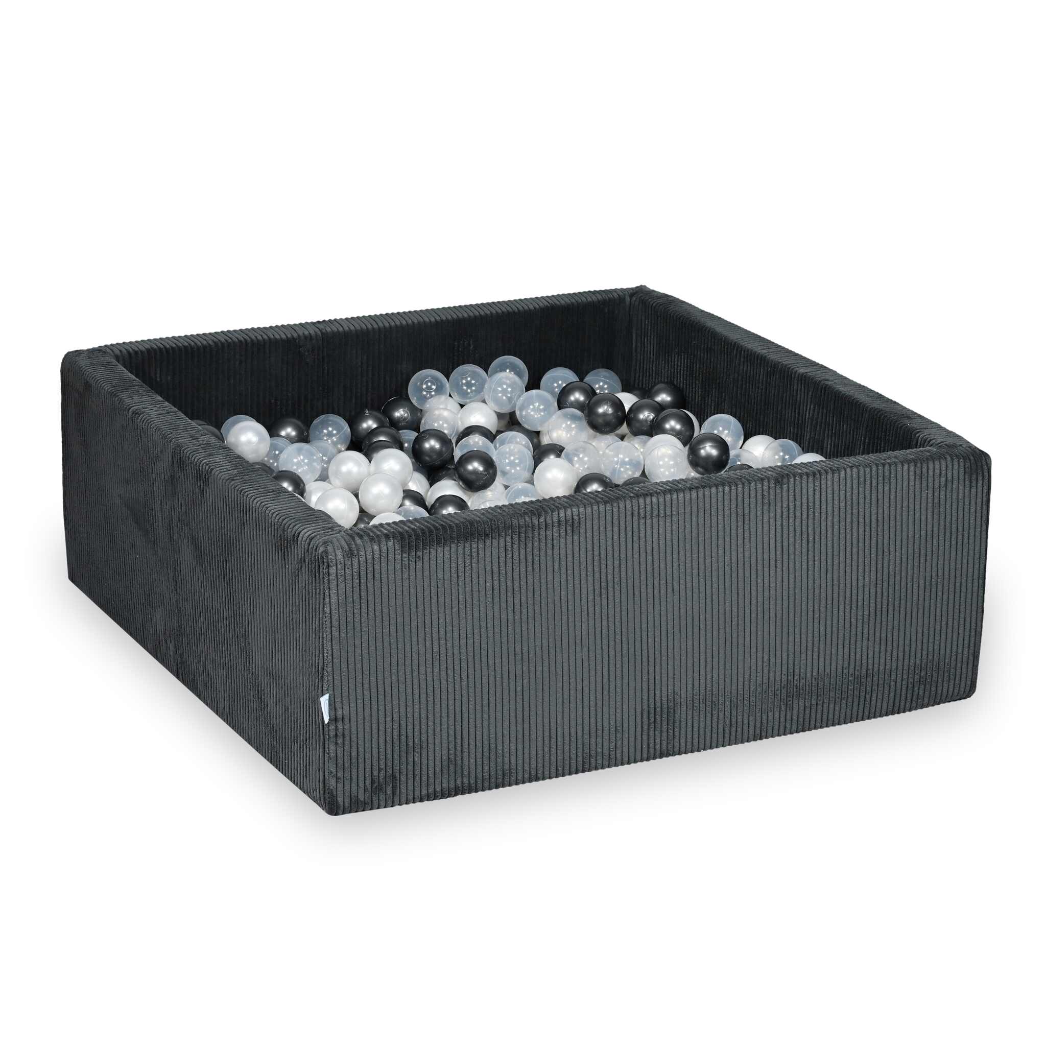 Piscine à balles square en velours côtelé graphite, 110x110x40cm – 600 balls (transparent, nacré, graphite métallisé)