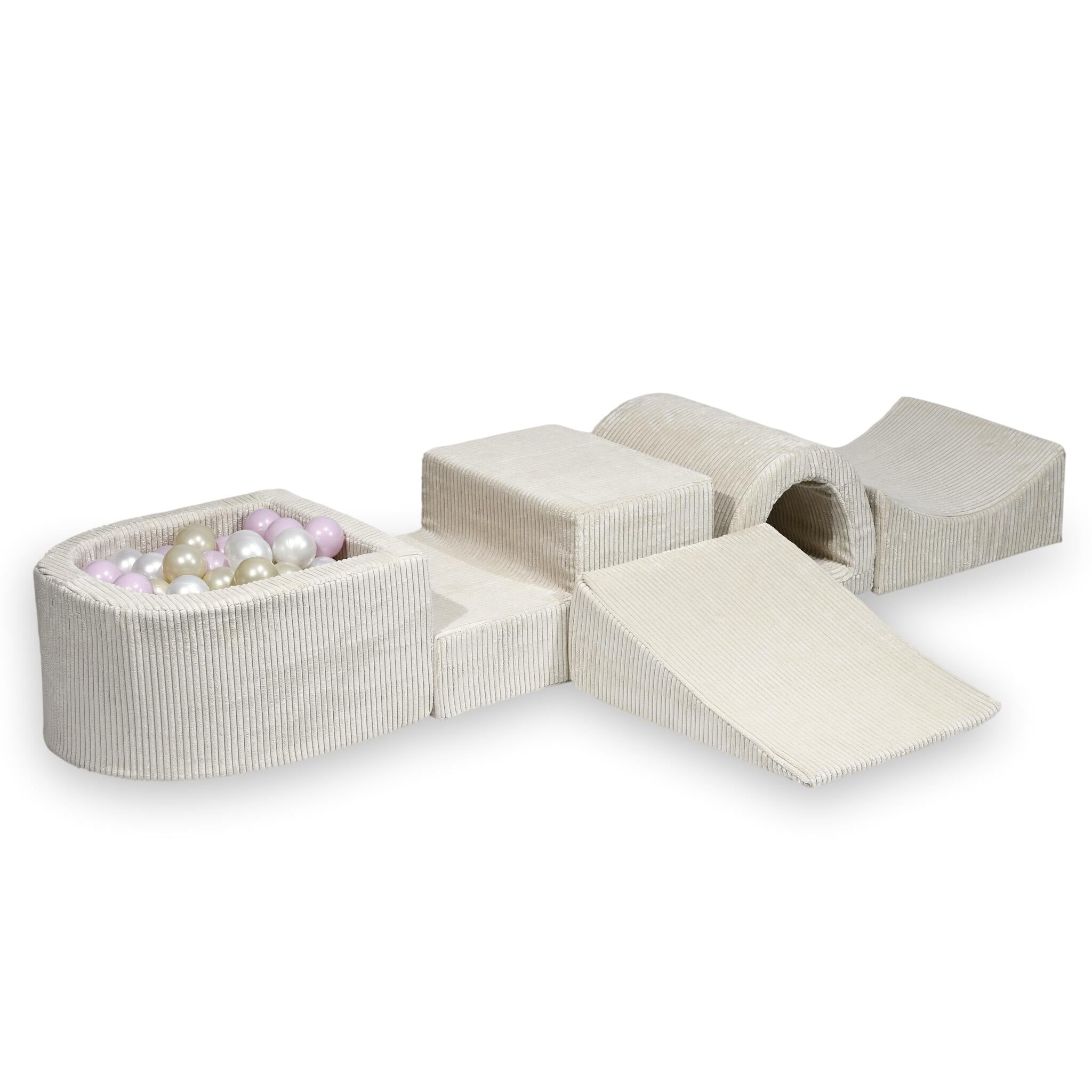 Aire de jeux en mousse avec pont et piscine micro côtelé beige + 100 balles