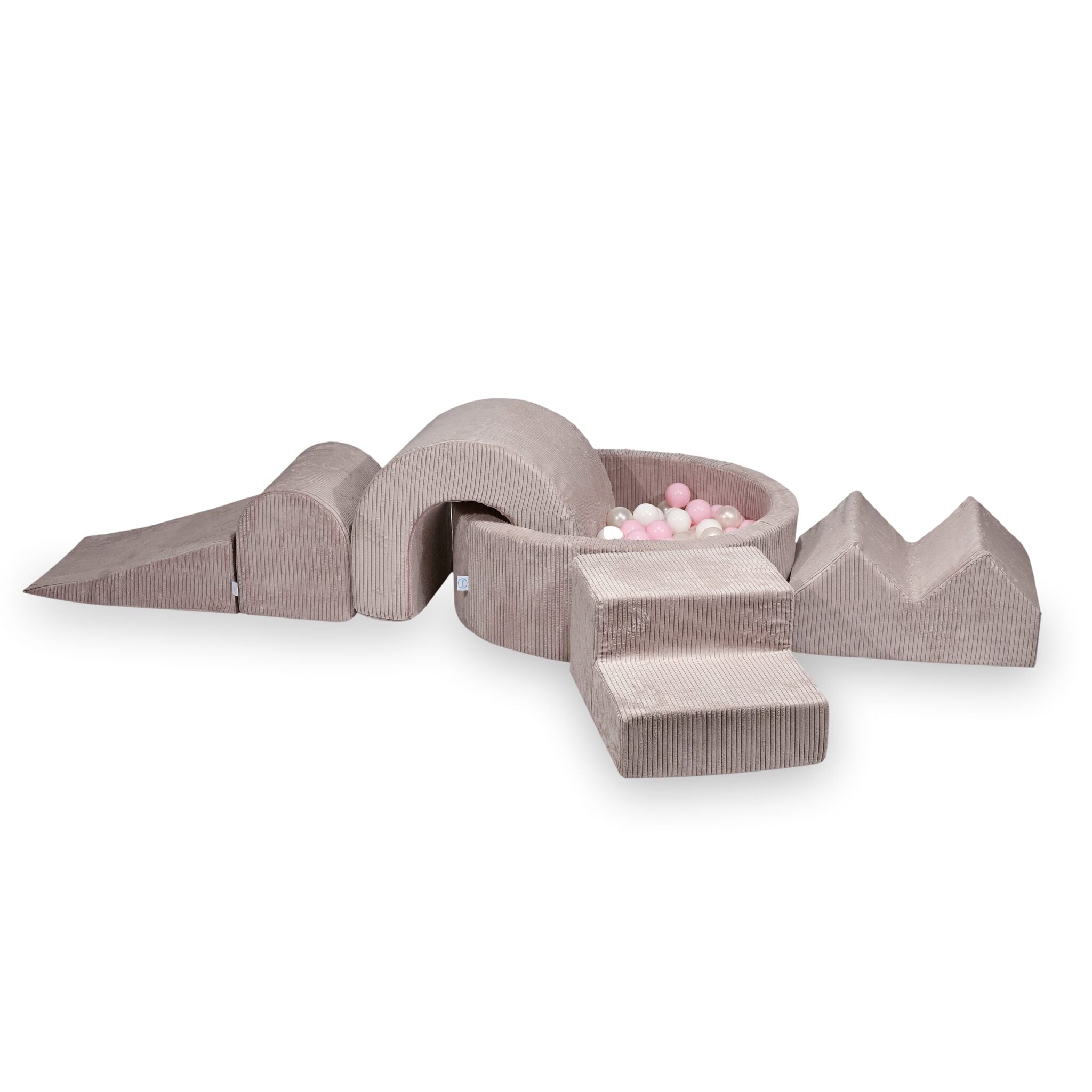Aire de jeux en mousse avec piscine ronde 90x30 côtelé rose clair + 5 éléments + 200 balles