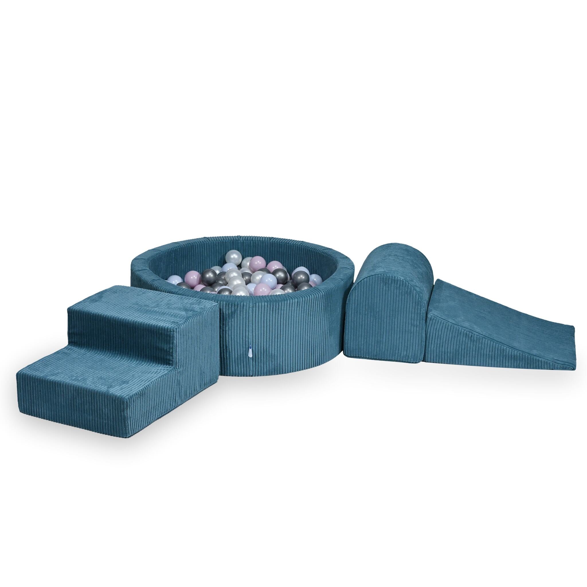 Aire de jeux en mousse avec piscine ronde 90x30 côtelé bleu +200 balles