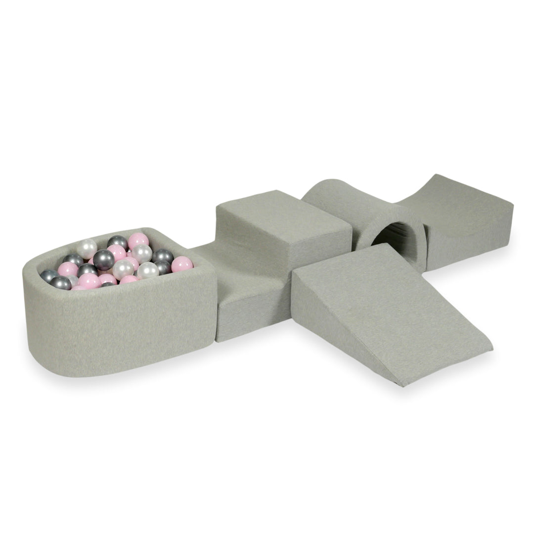 Aire de jeux en mousse avec pont et piscine micro gris clair + 100 balles