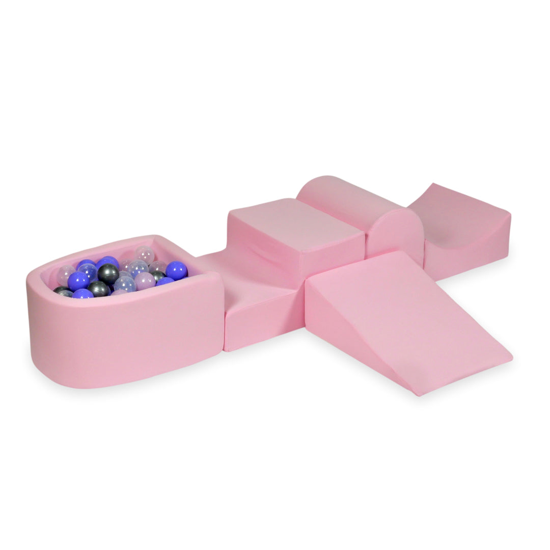 Aire de jeux en mousse avec colline et piscine micro rose poudré + 100 balles