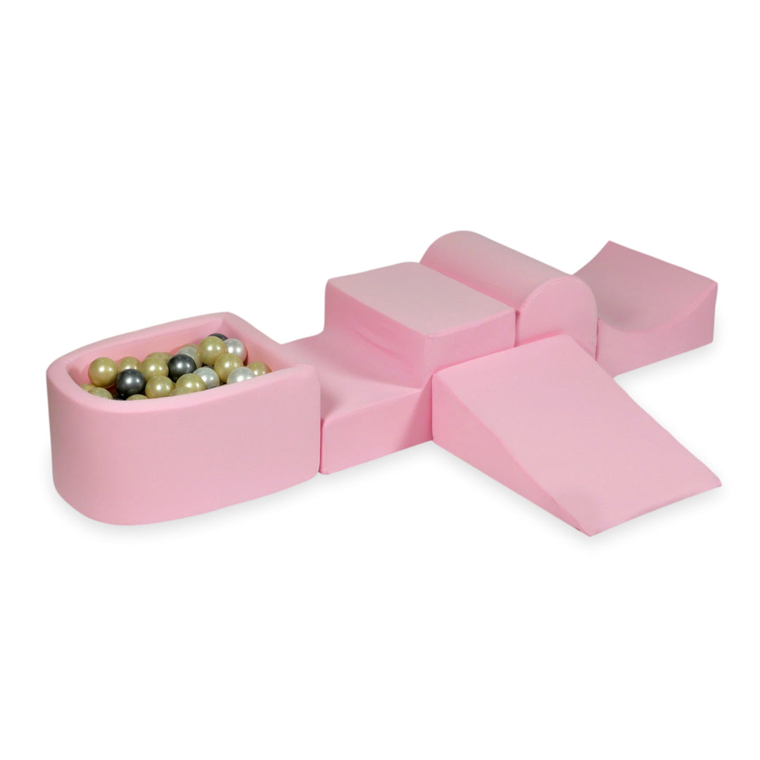 Aire de jeux en mousse avec colline et piscine micro rose poudré + 100 balles
