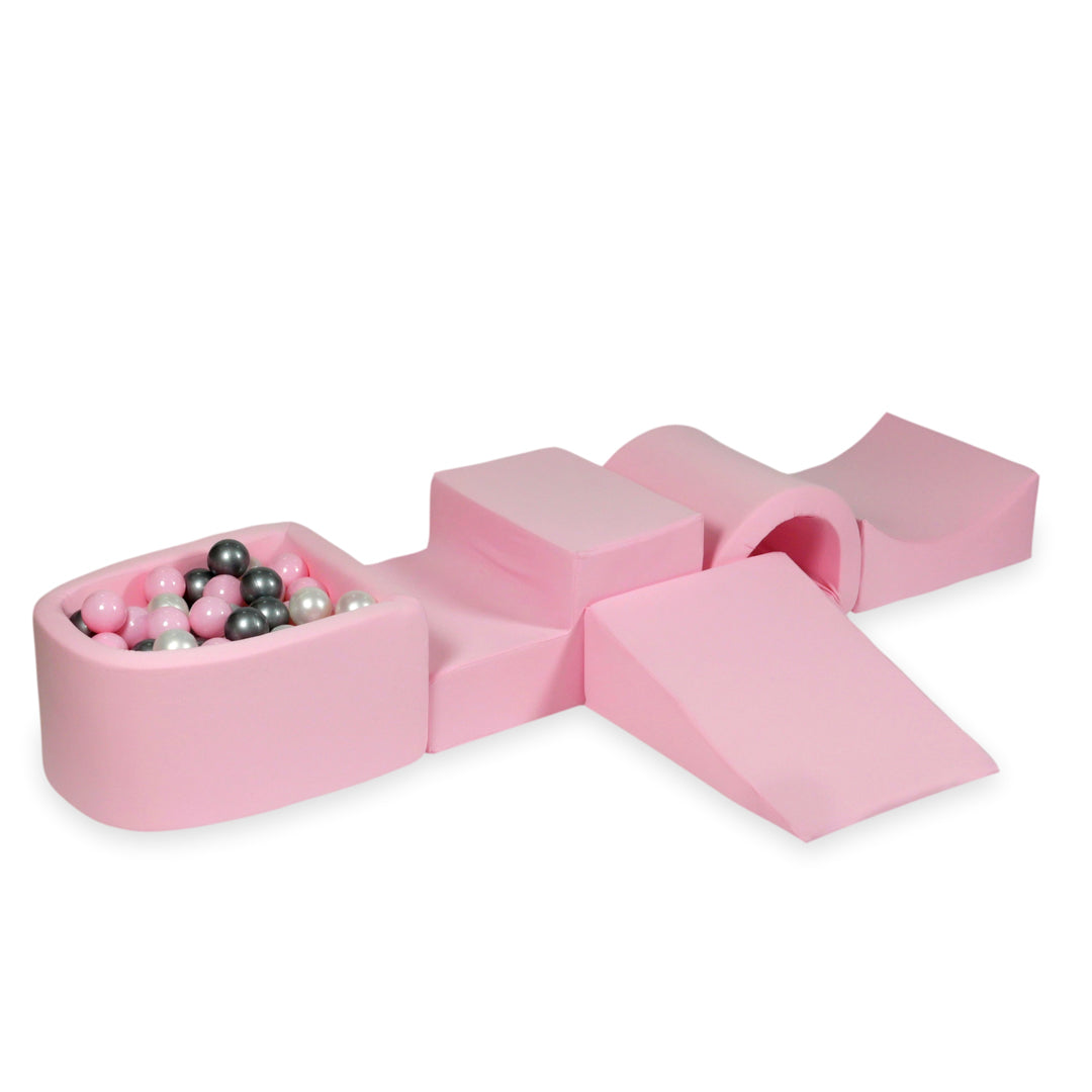 Aire de jeux en mousse avec pont et piscine micro rose poudré + 100 balles