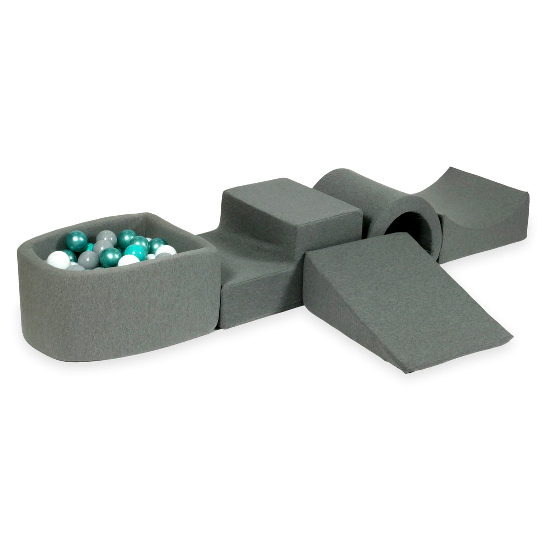 Aire de jeux en mousse avec pont et piscine micro gris + 100 balles
