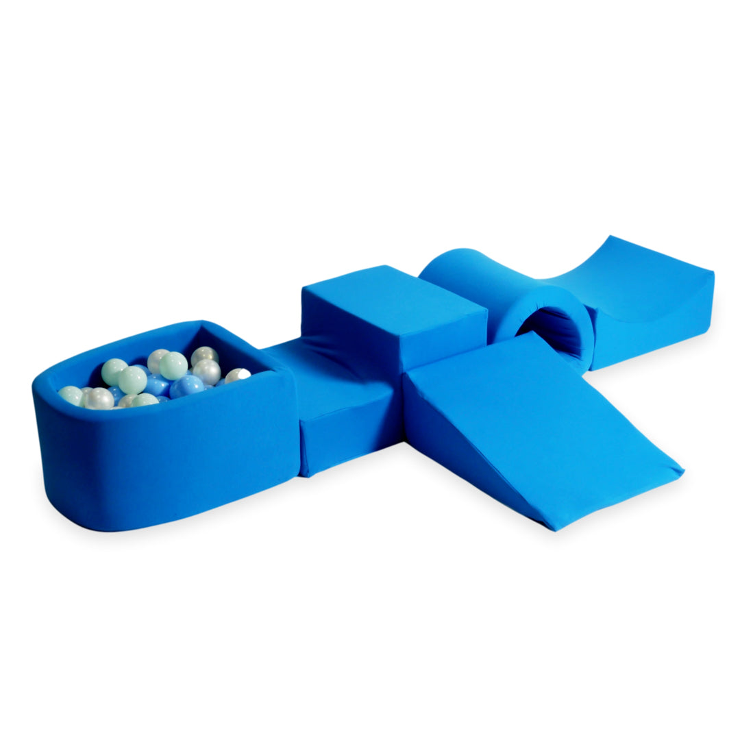 Aire de jeux en mousse avec pont et piscine micro bleu + 100 balles