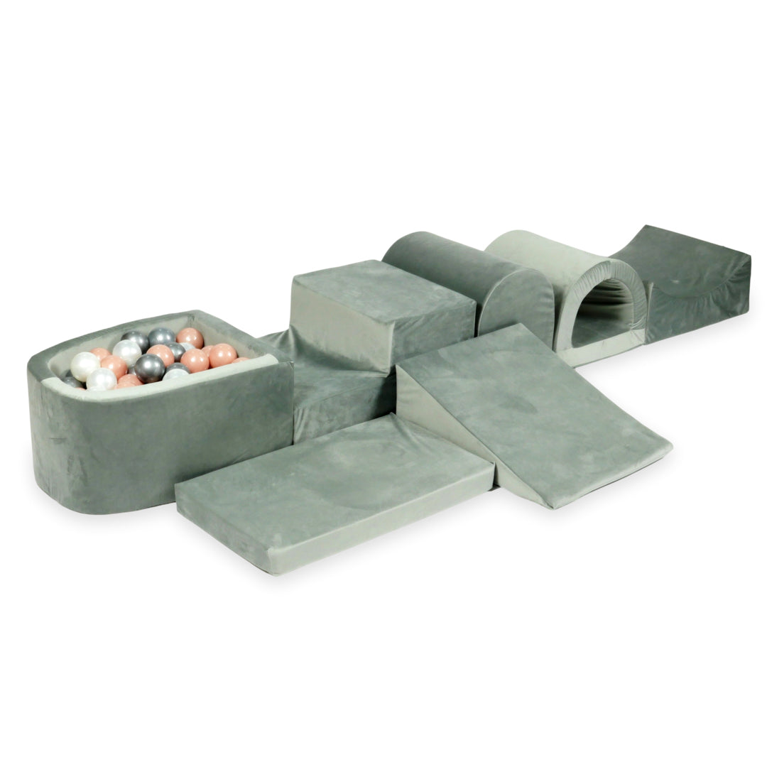Plus grande aire de jeux en mousse avec piscine micro velvet gris + 100 balles