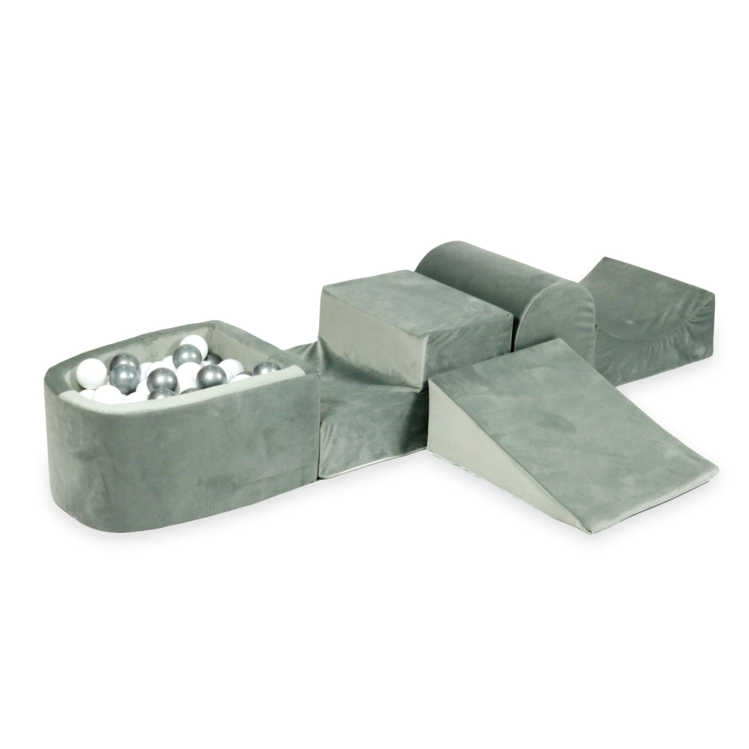 Aire de jeux en mousse avec colline et piscine micro velvet gris + 100 balles