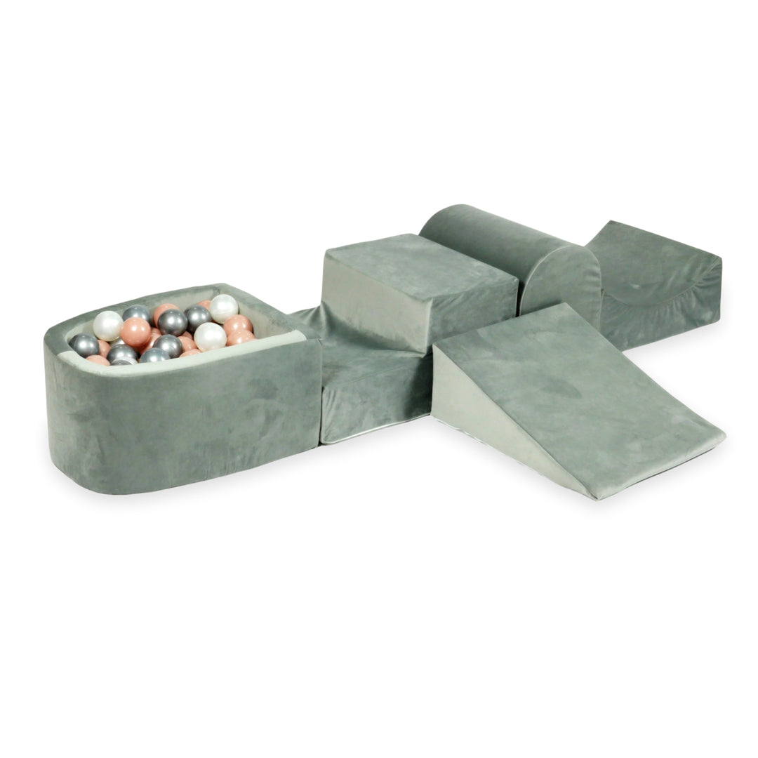 Aire de jeux en mousse avec colline et piscine micro velvet gris + 100 balles