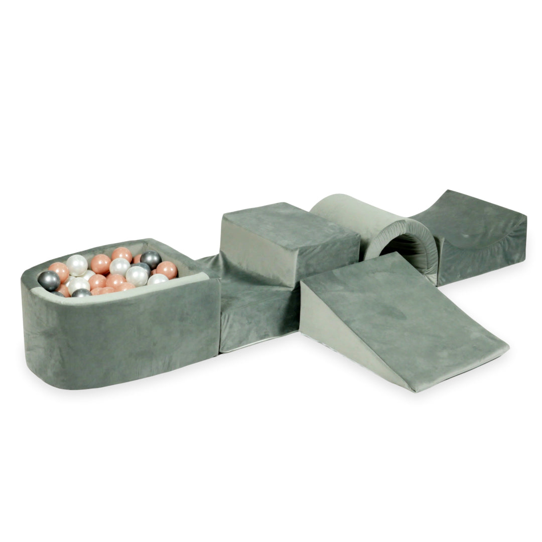 Aire de jeux en mousse avec pont et piscine micro velvet gris + 100 balles