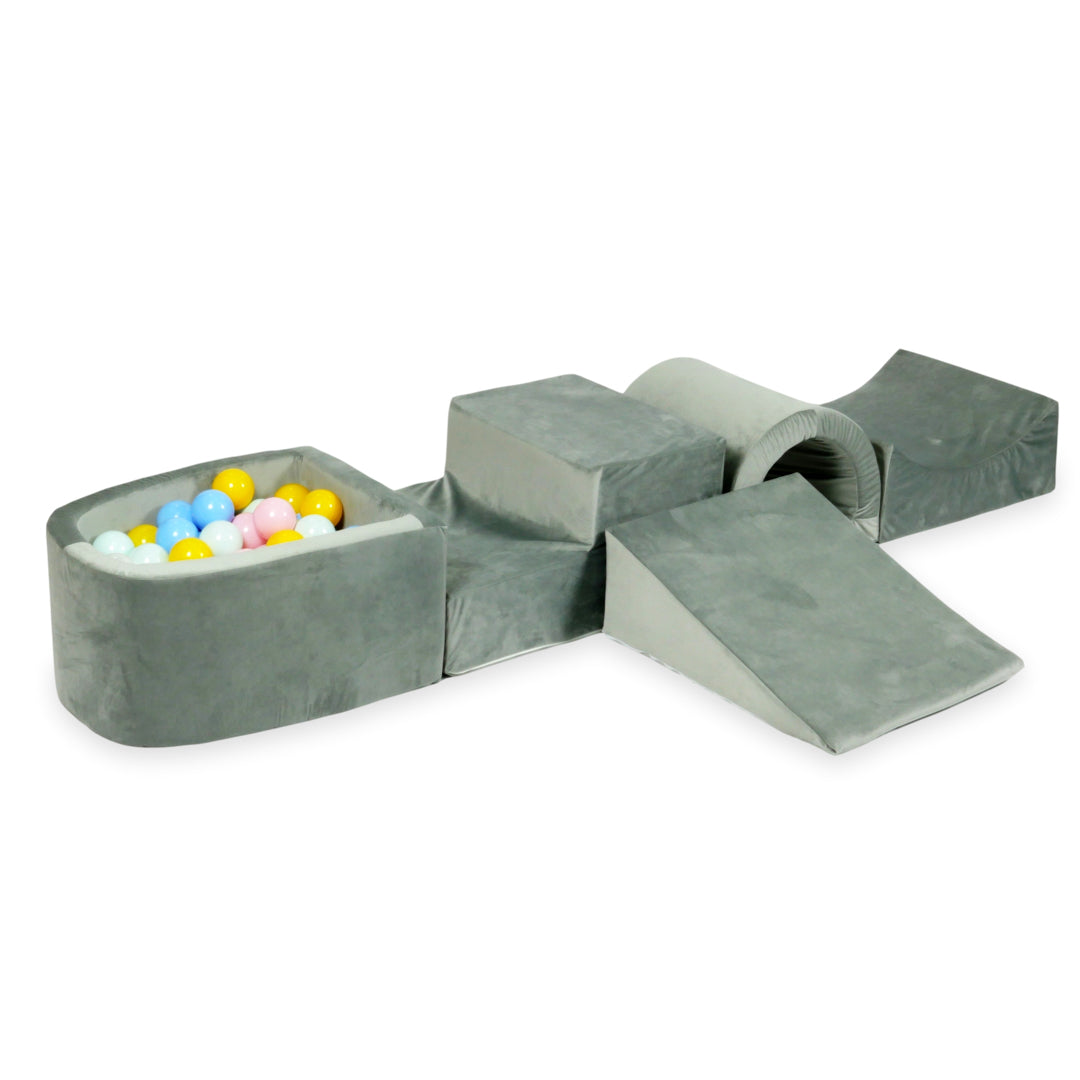 Aire de jeux en mousse avec pont et piscine micro velvet gris + 100 balles