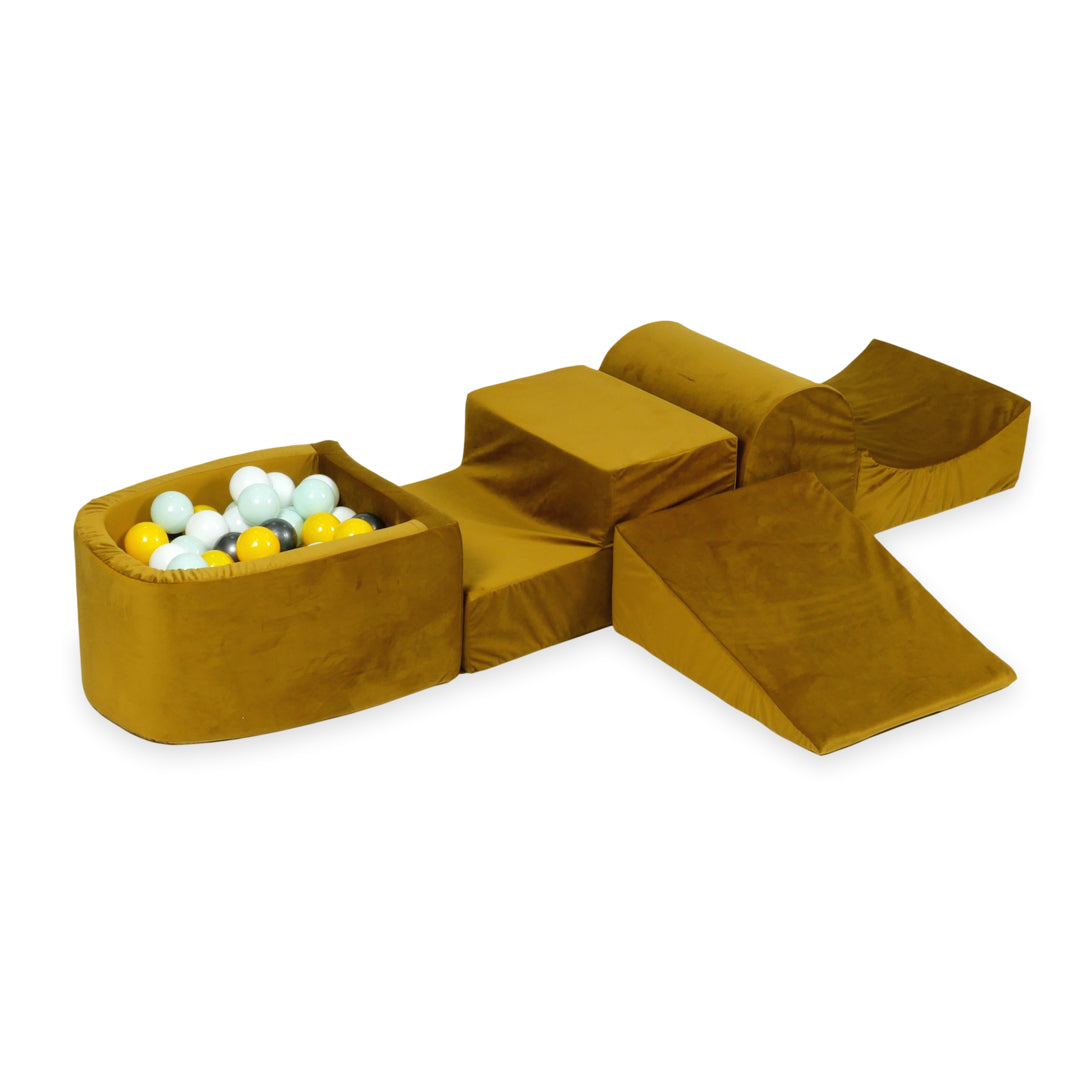 Aire de jeux en mousse avec colline et piscine micro velvet or + 100 balles