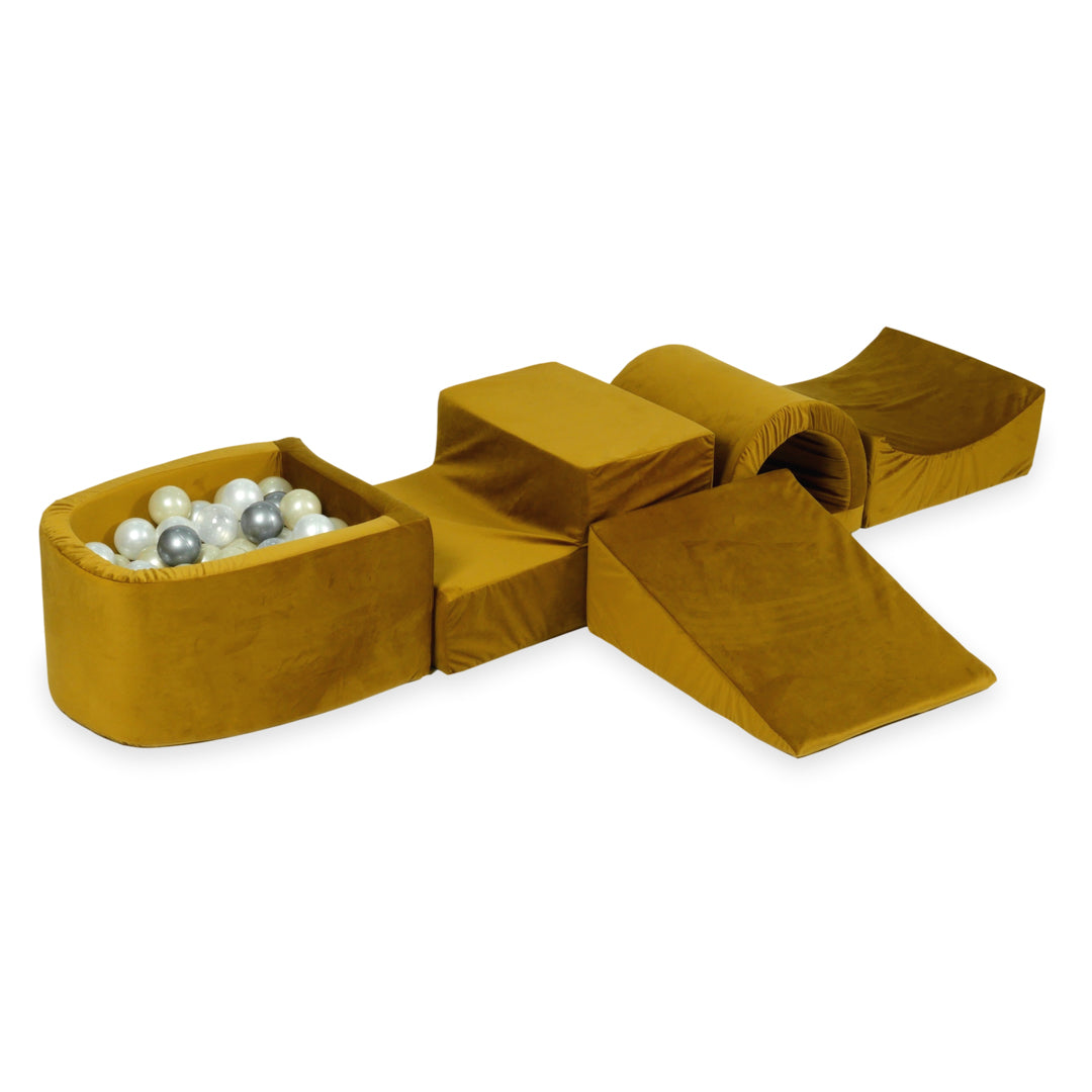 Aire de jeux en mousse avec pont et piscine micro velvet or + 100 balles