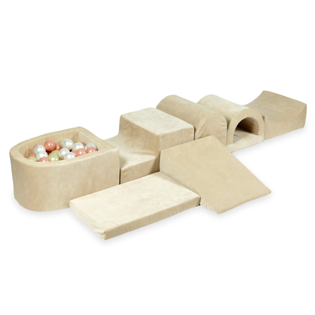 Plus grande aire de jeux en mousse avec piscine micro velvet soft beige + 100 balles